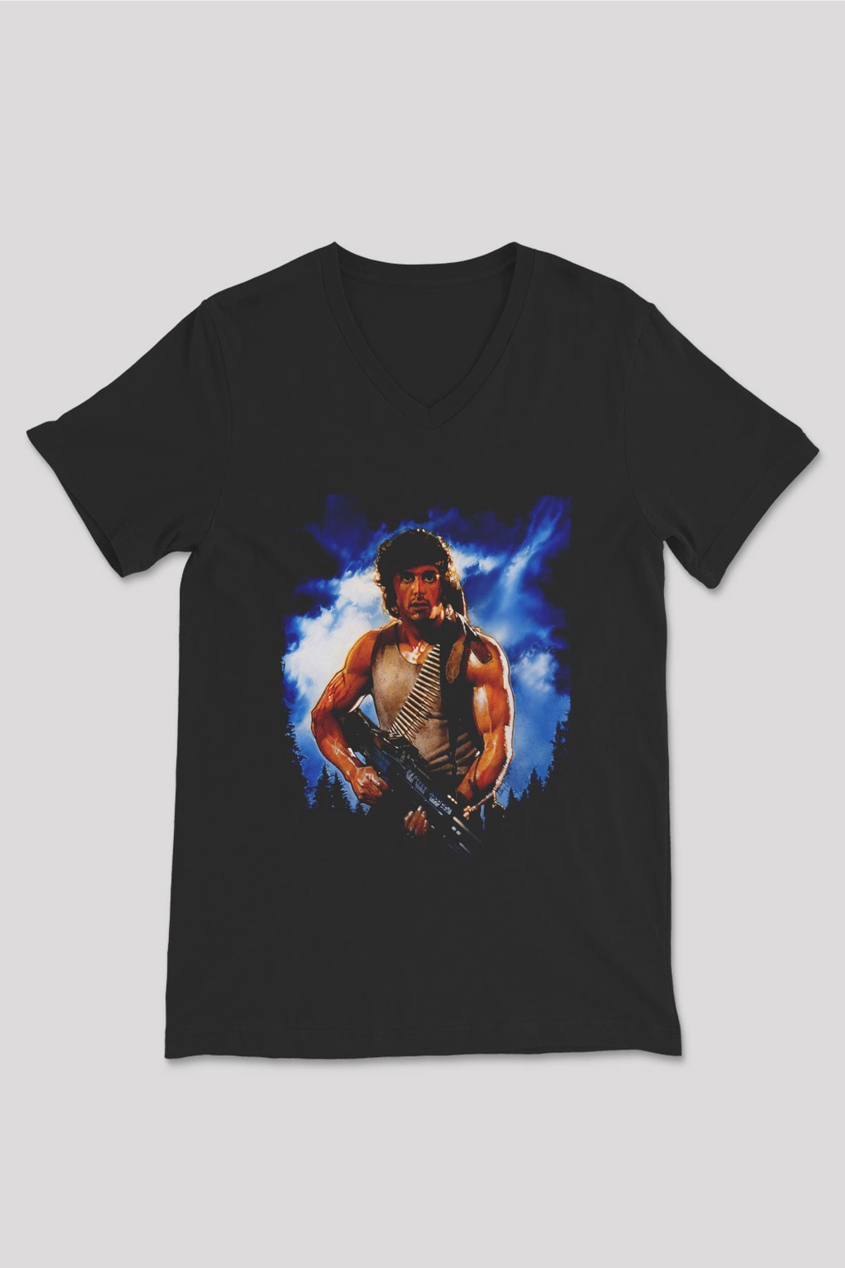 Unisex First Blood Baskılı Siyah V Yaka Tshirt