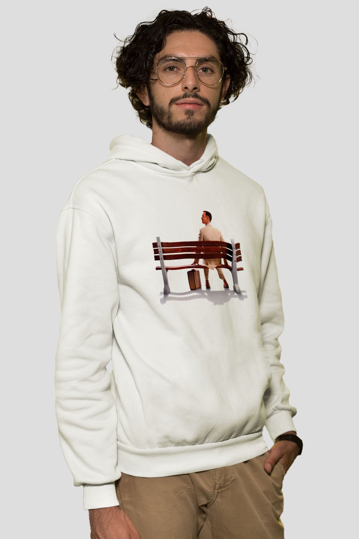 Unisex Forrest Gump Baskılı Beyaz Kapüşonlu Sweatshirt