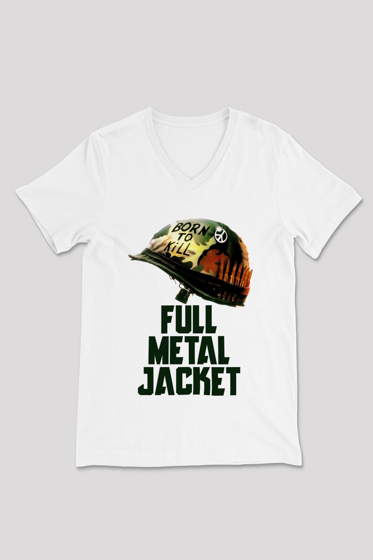 Unisex Full Metal Jacket Baskılı Beyaz V Yaka Tshirt