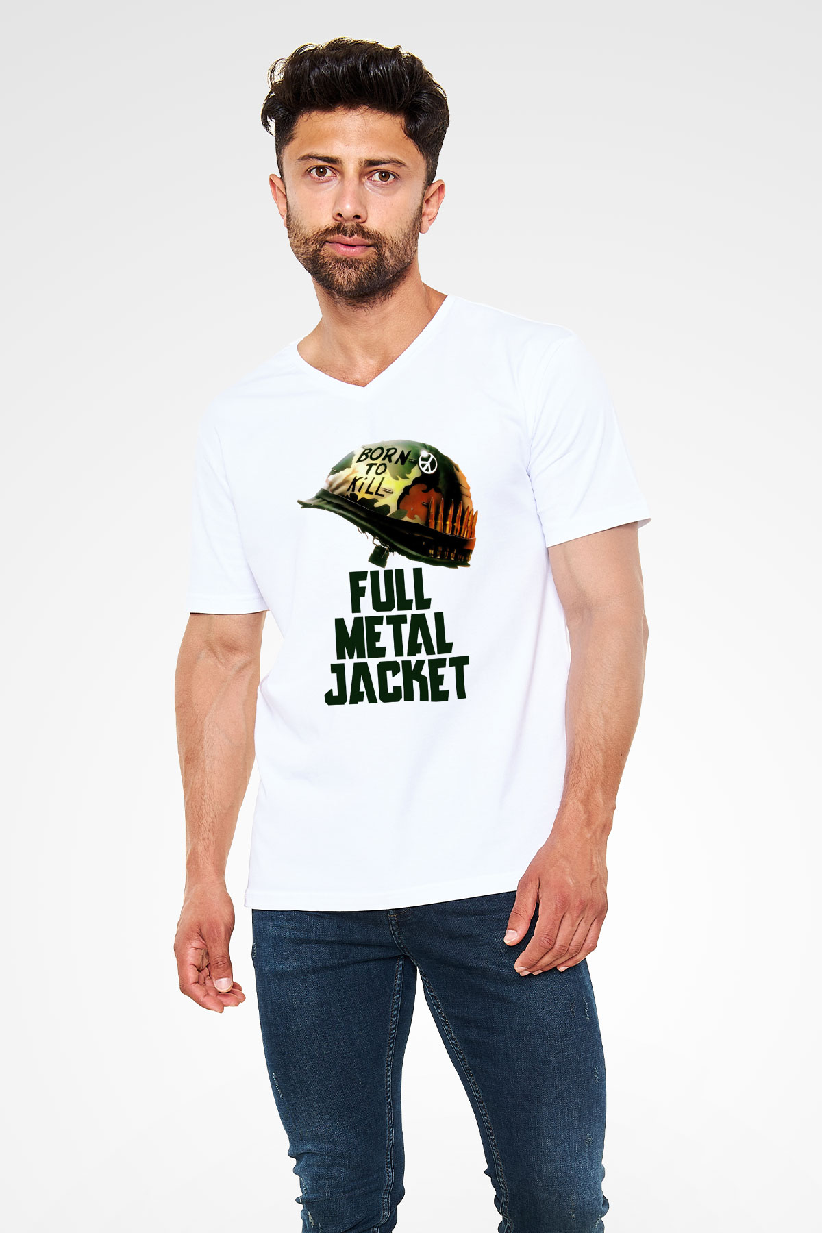 Unisex Full Metal Jacket Baskılı Beyaz V Yaka Tshirt
