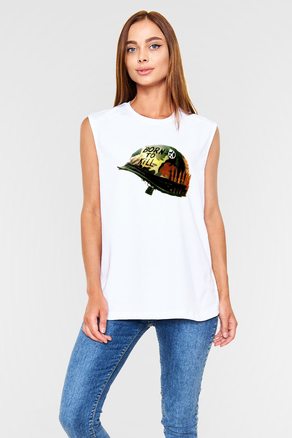 Unisex Full Metal Jacket Baskılı Beyaz Kolsuz Tişört