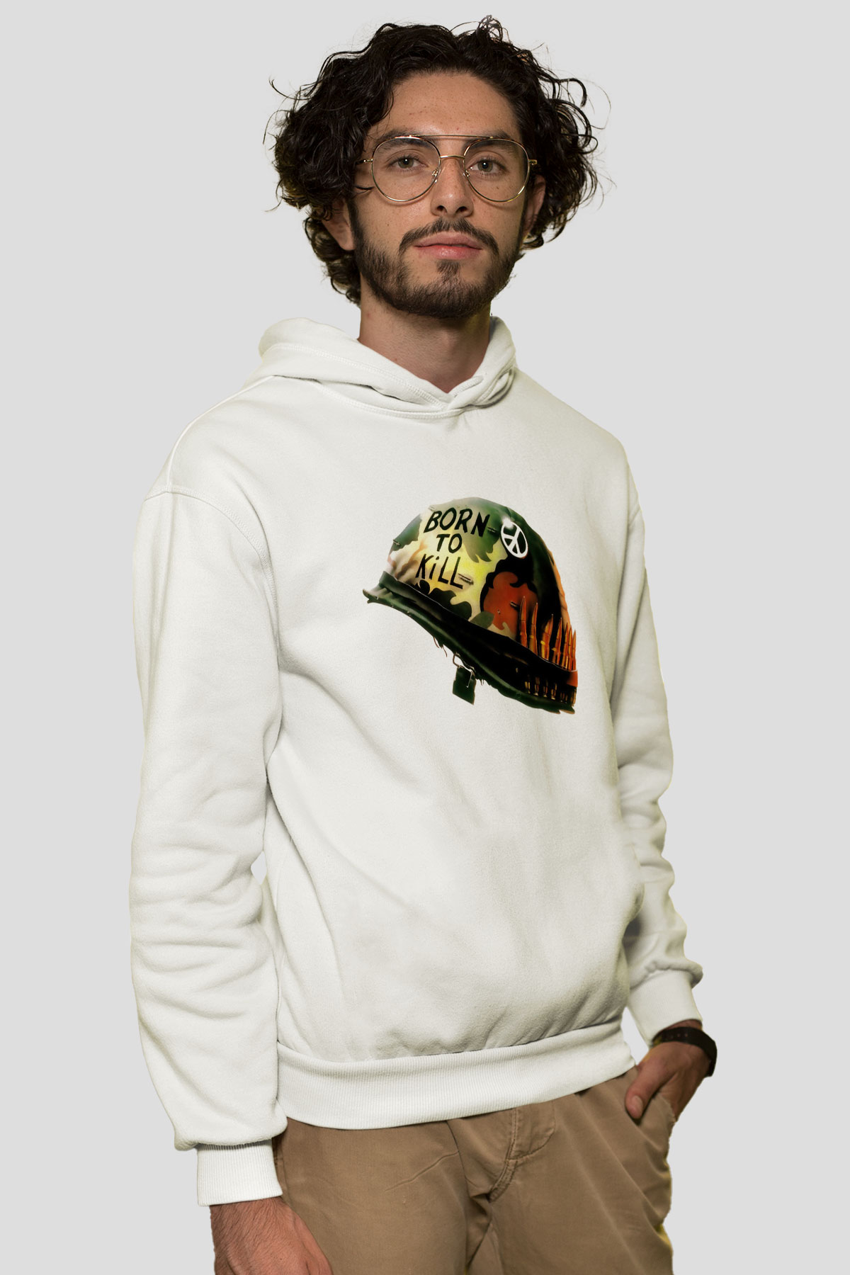 Unisex Full Metal Jacket Baskılı Beyaz Kapüşonlu Sweatshirt