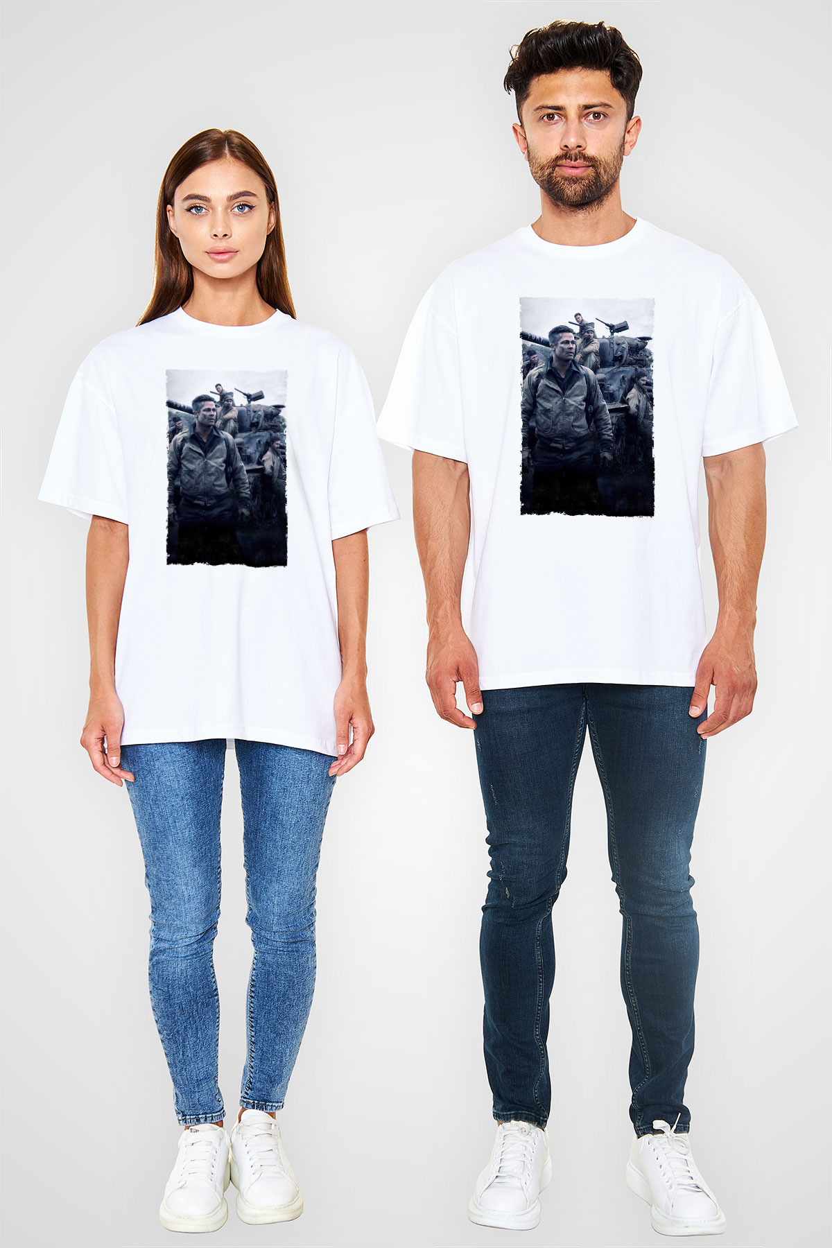 Unisex Fury Baskılı Beyaz Oversize Oversize T-shirt