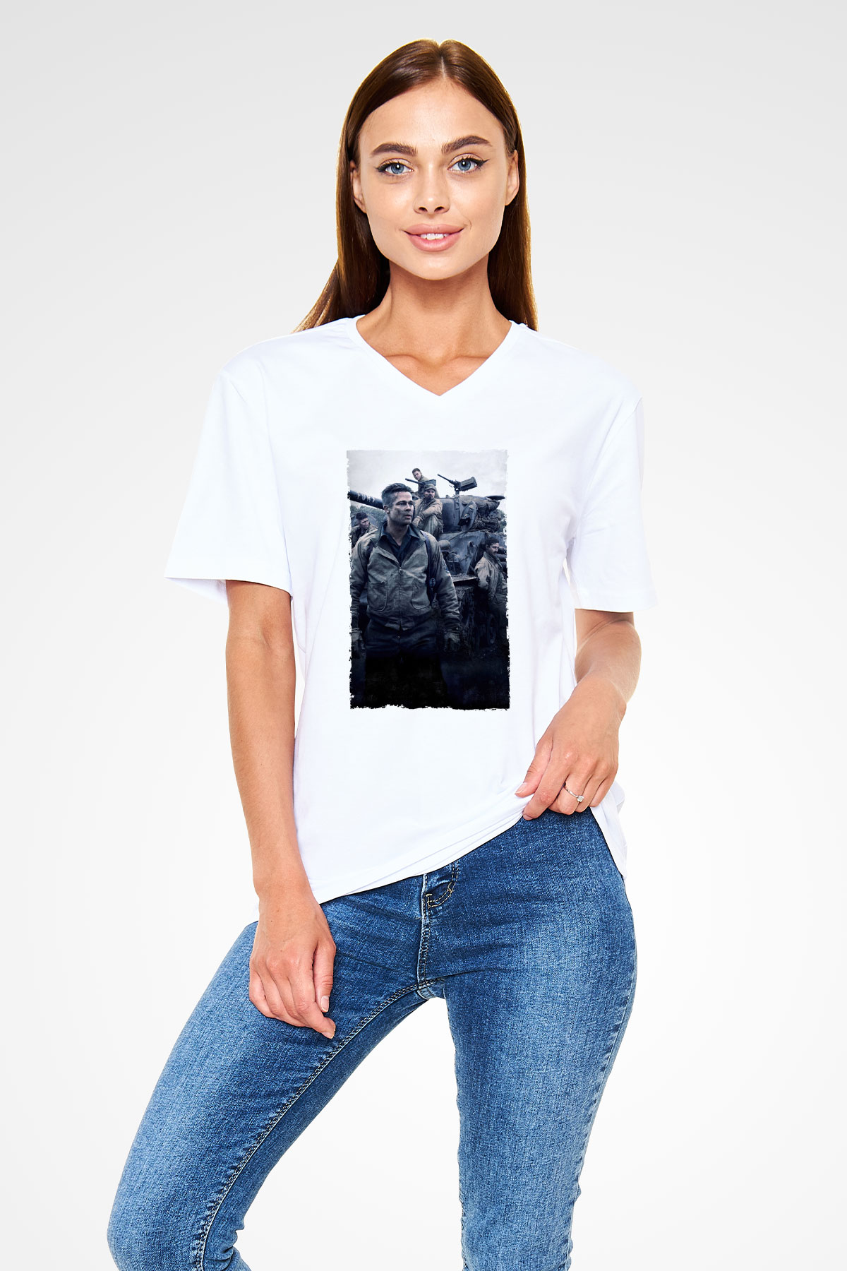 Unisex Fury Baskılı Beyaz V Yaka Tshirt