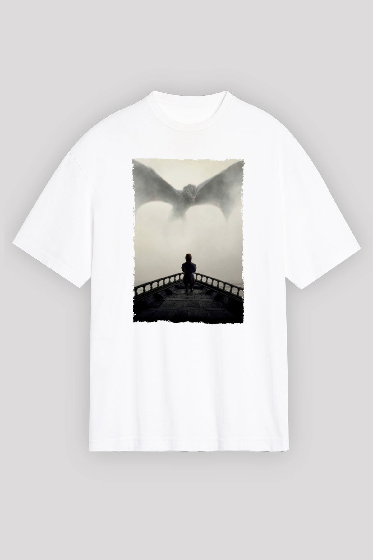 Unisex Game of Thrones Baskılı Beyaz Oversize Tişört