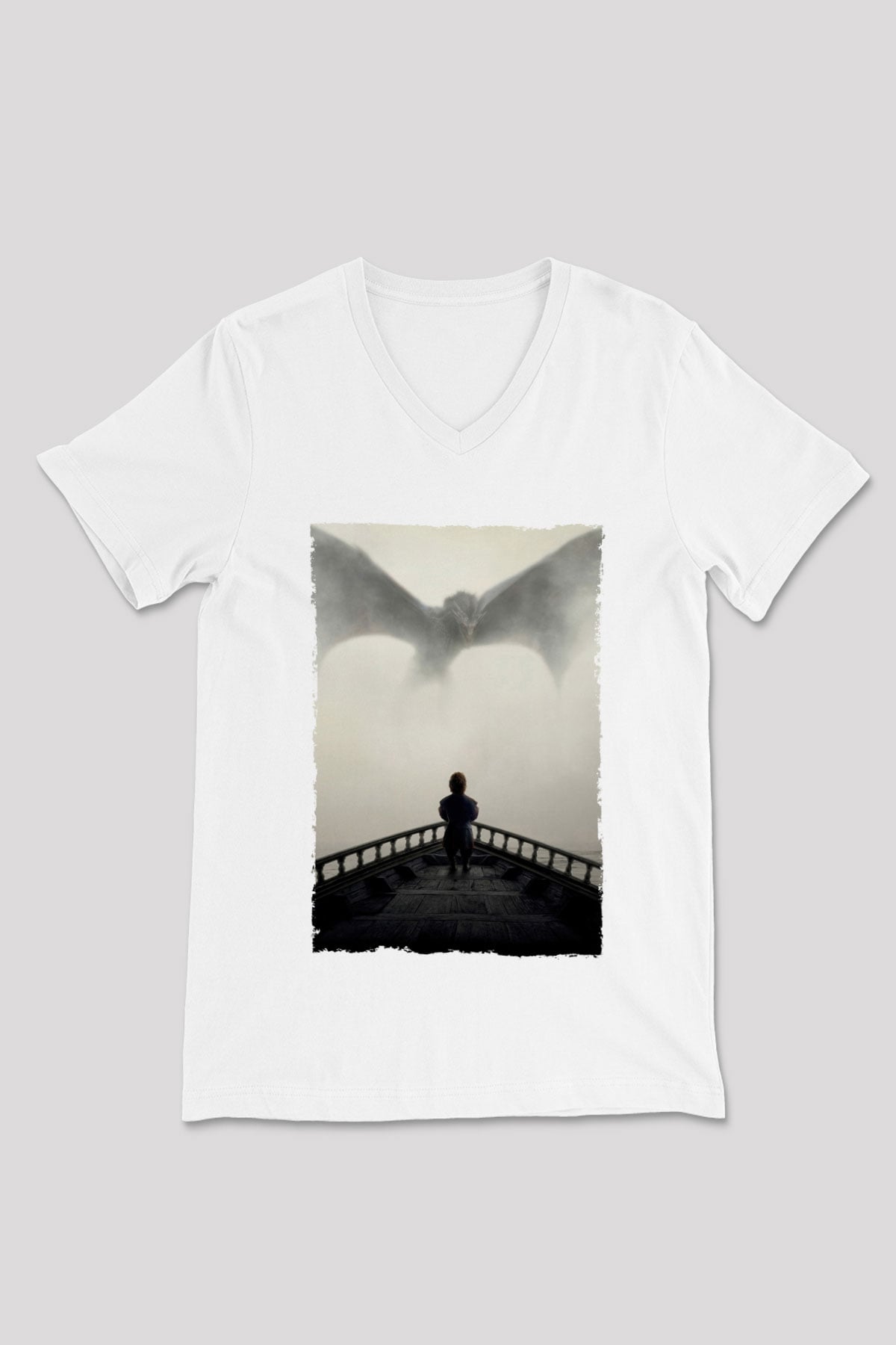 Unisex Game of Thrones Baskılı Beyaz V Yaka Tişört