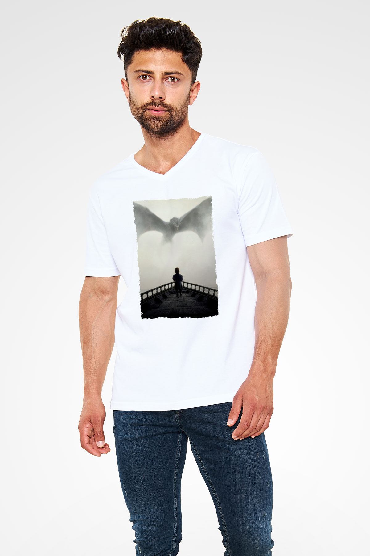 Unisex Game of Thrones Baskılı Beyaz V Yaka Tişört
