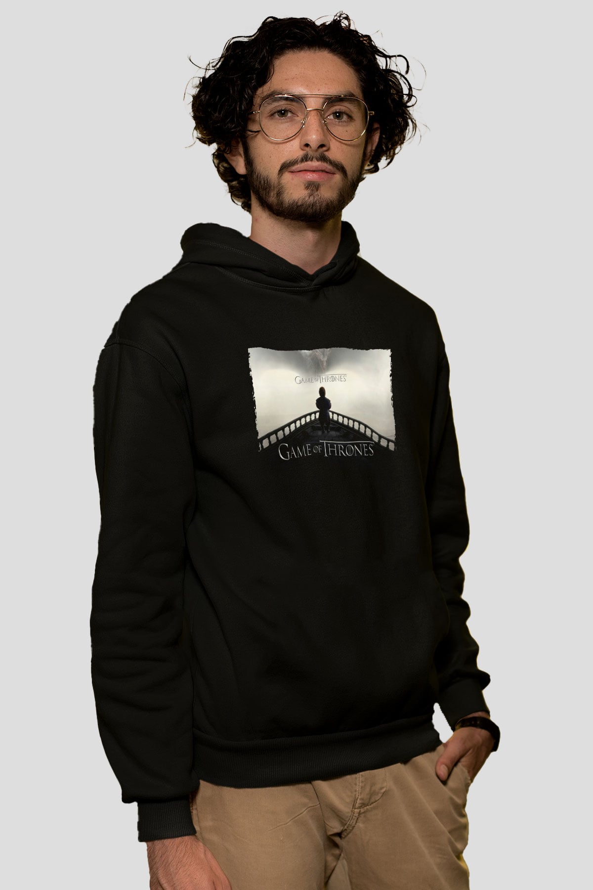 Unisex Game of Thrones Baskılı Siyah Kapüşonlu Sweatshirt