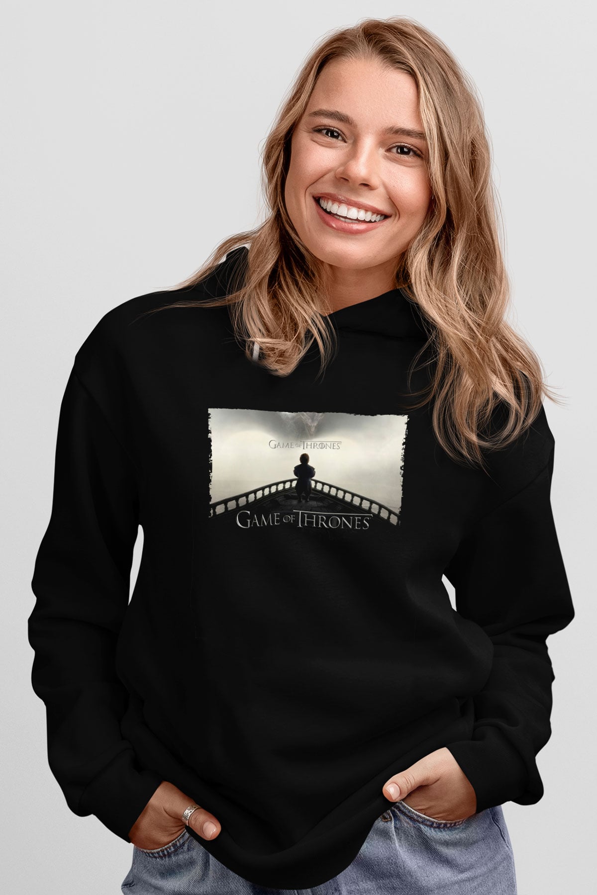 Unisex Game of Thrones Baskılı Siyah Kapüşonlu Sweatshirt