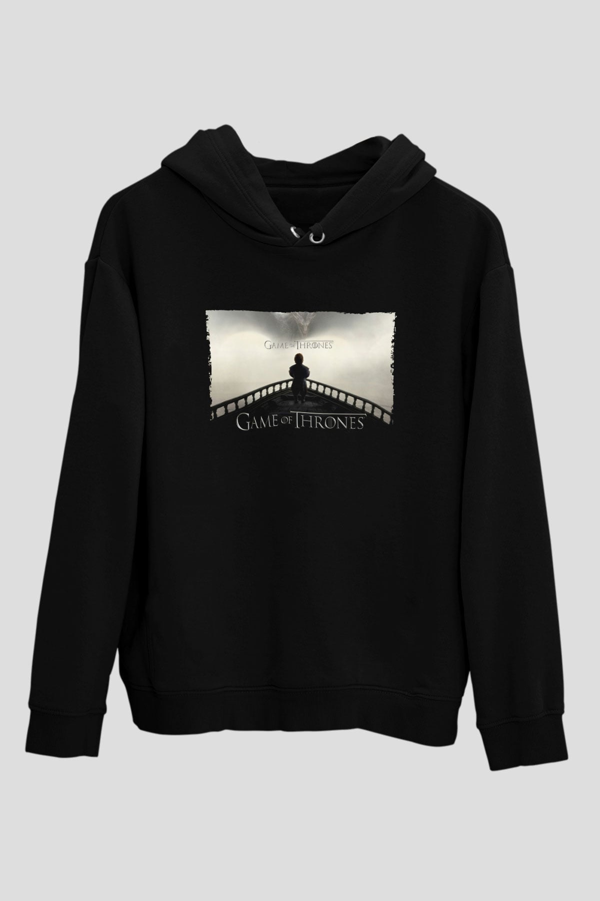 Unisex Game of Thrones Baskılı Siyah Kapüşonlu Sweatshirt