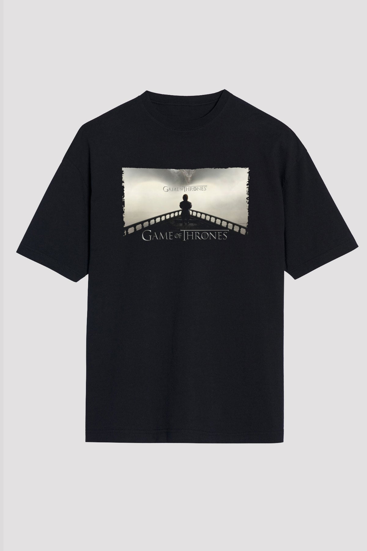 Unisex Game of Thrones Baskılı Siyah Oversize Tişört