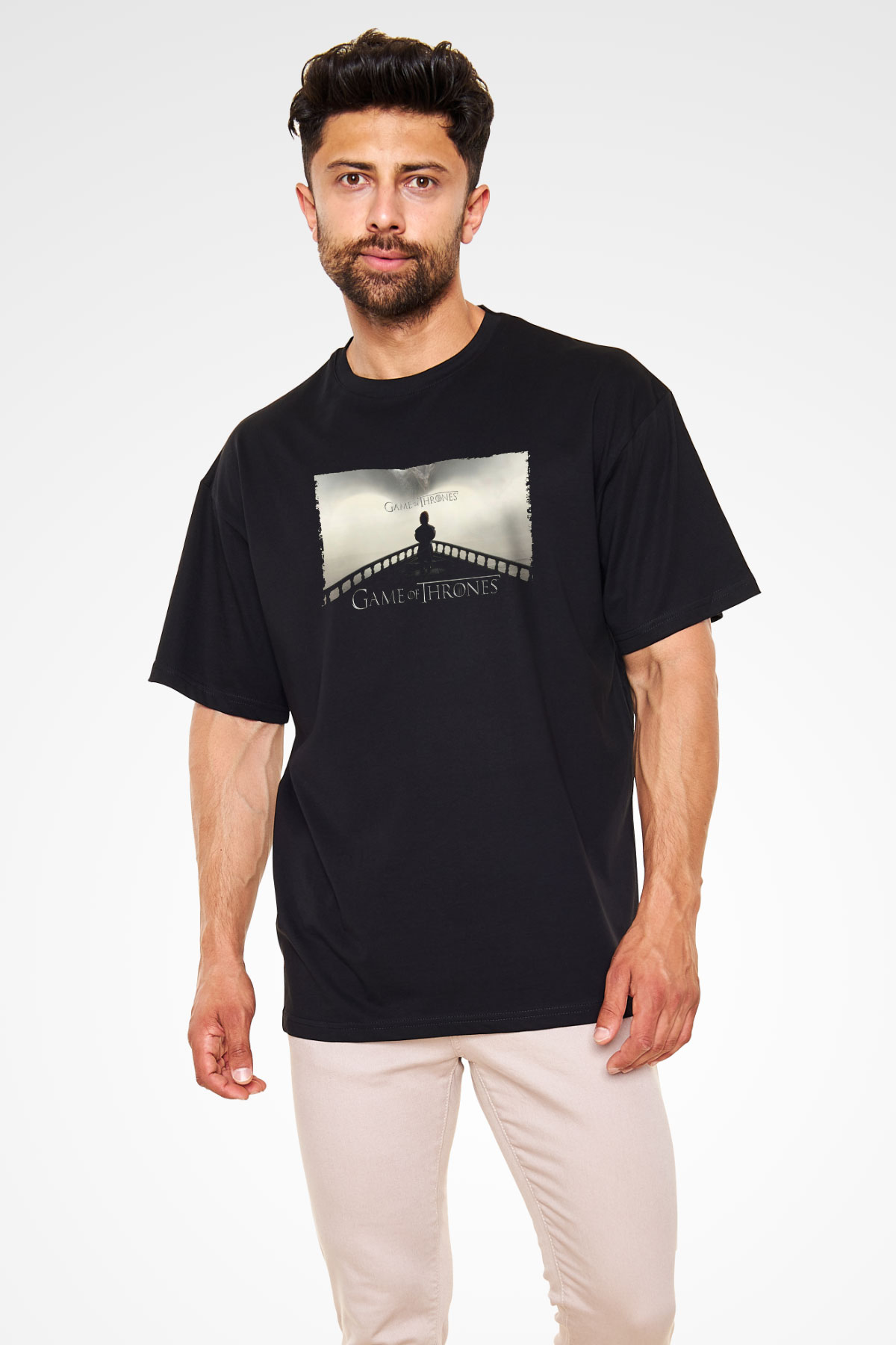Unisex Game of Thrones Baskılı Siyah Oversize Tişört
