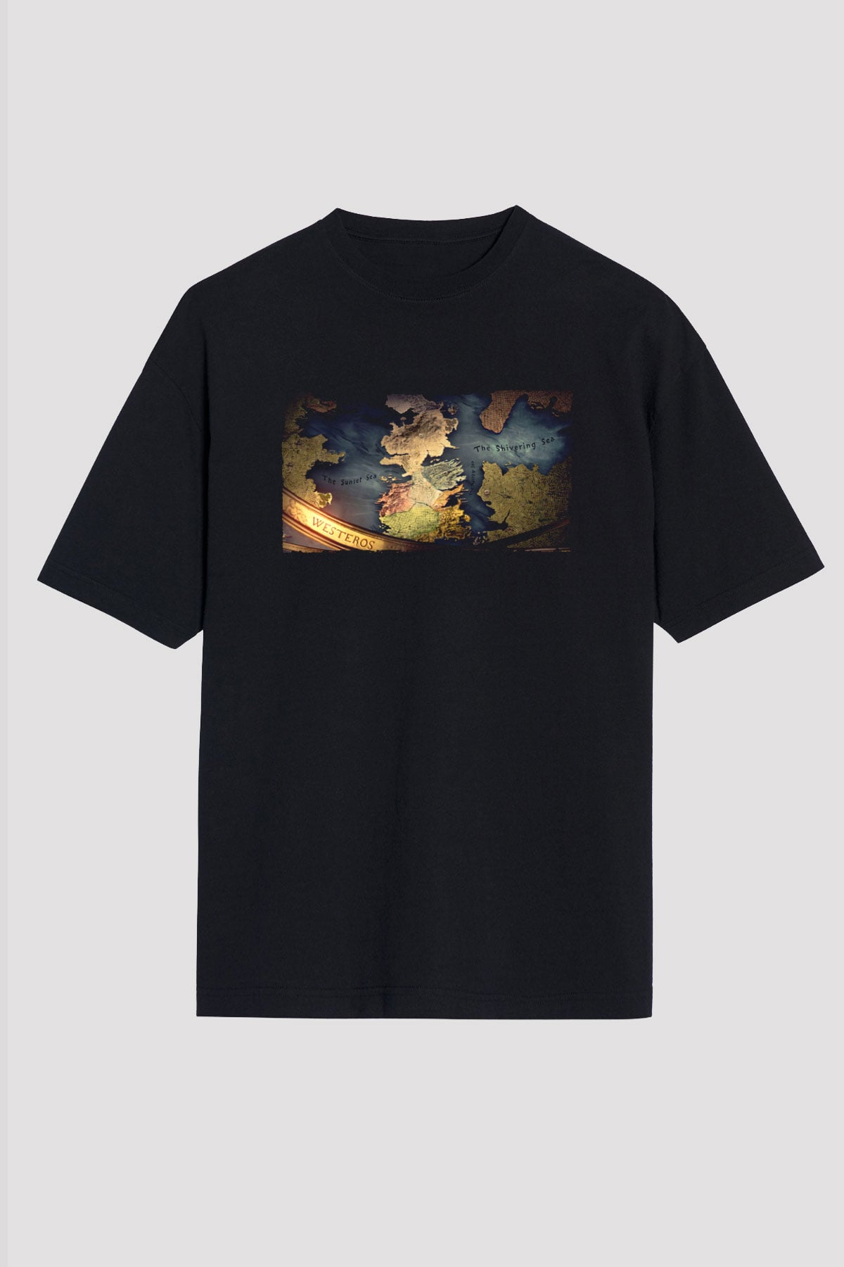Unisex Game of Thrones Baskılı Siyah Oversize T-shirt
