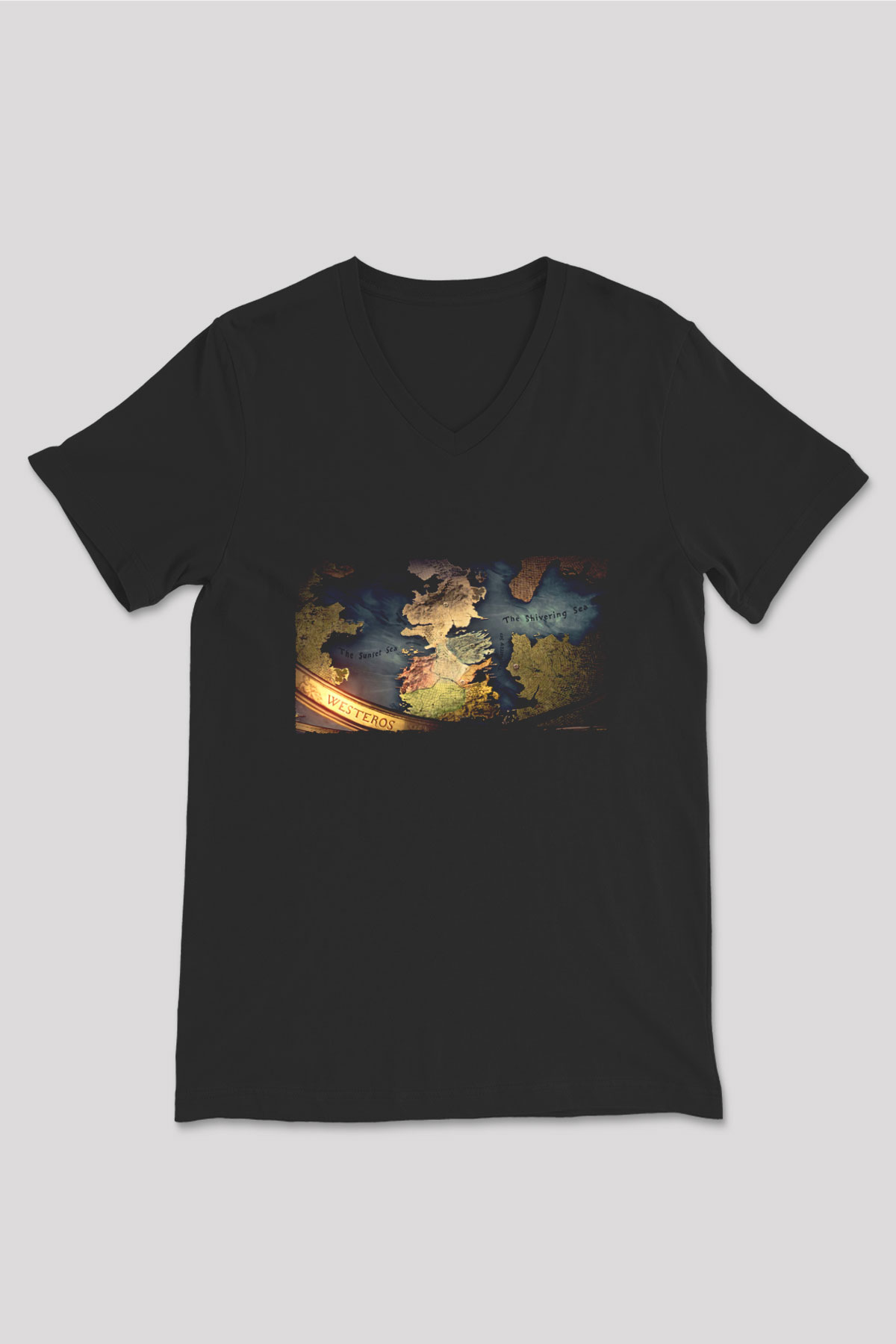 Unisex Game of Thrones Baskılı Siyah V Yaka T-shirt