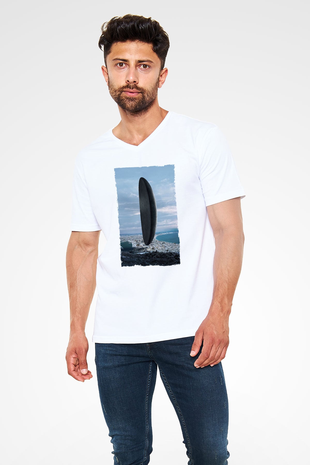 Unisex Geliş Arrival Baskılı Beyaz V Yaka Tshirt