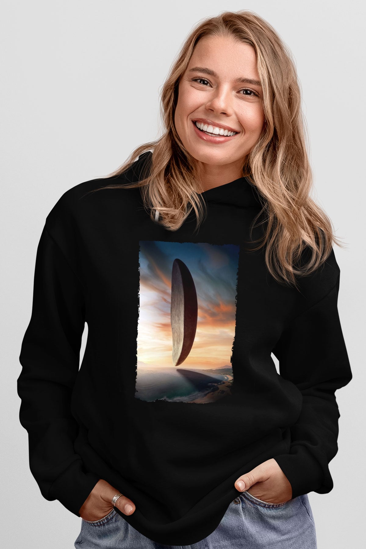Unisex Geliş (Arrival) Baskılı Siyah Kapüşonlu Sweatshirt