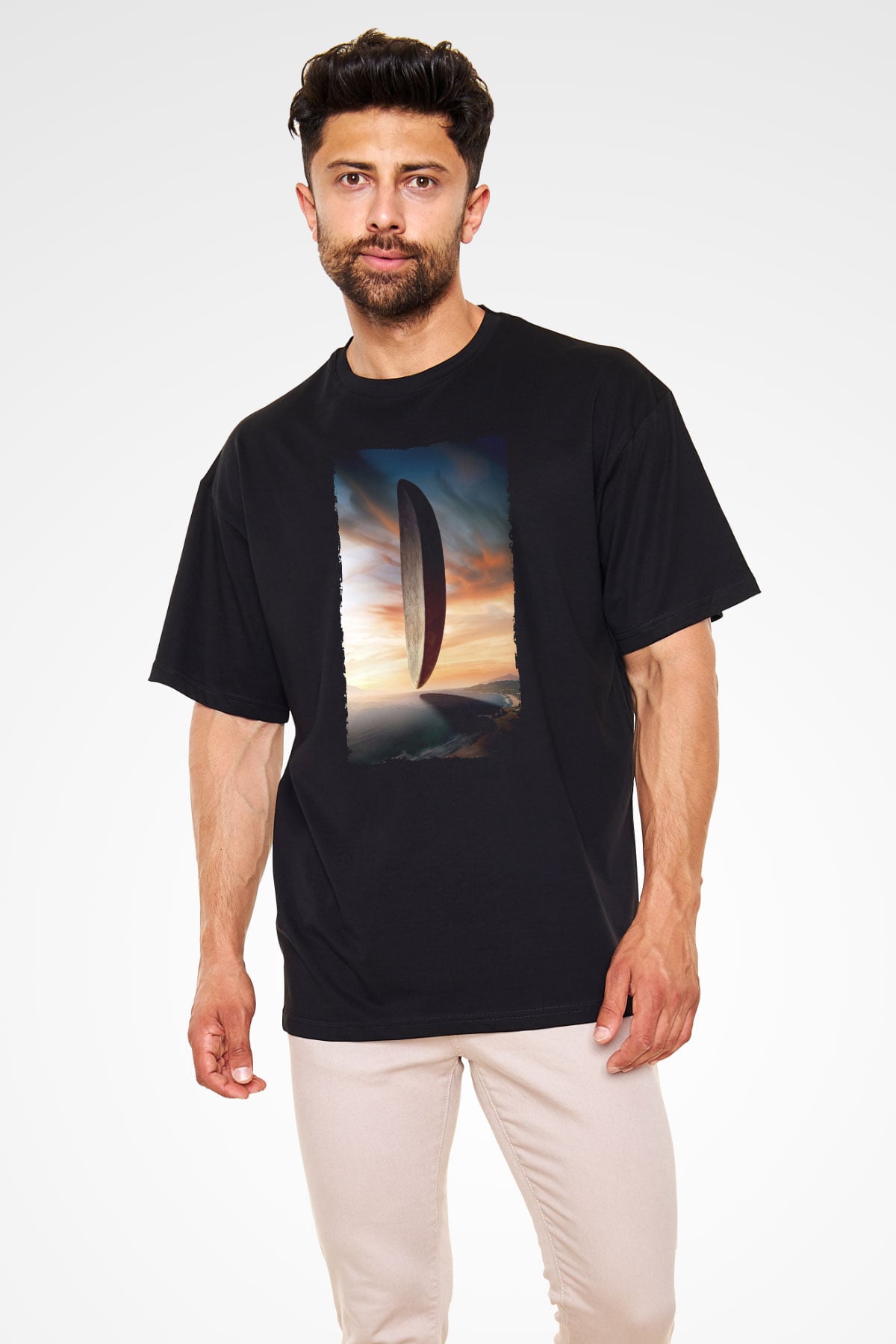 Unisex Geliş (Arrival) Baskılı Siyah Oversize Tişört