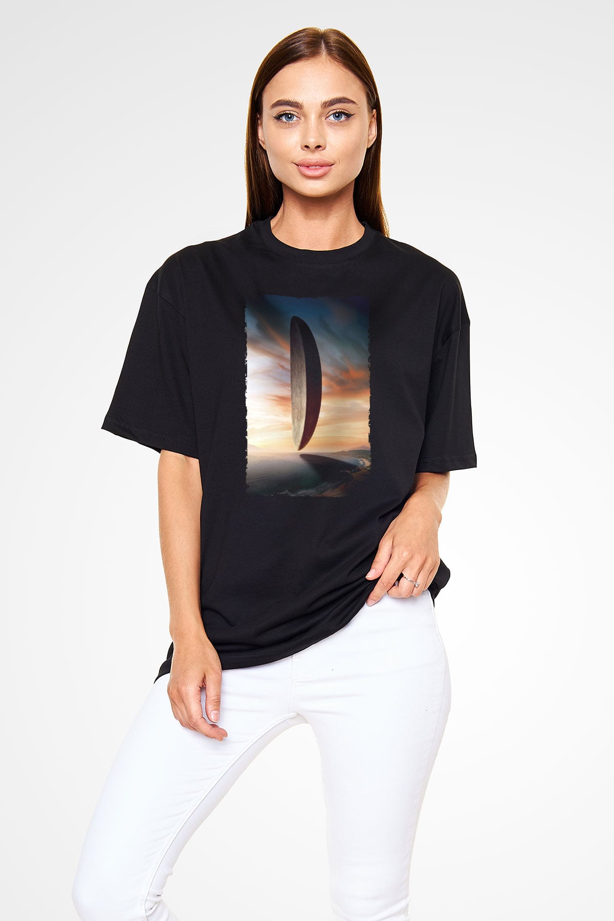 Unisex Geliş (Arrival) Baskılı Siyah Oversize Tişört