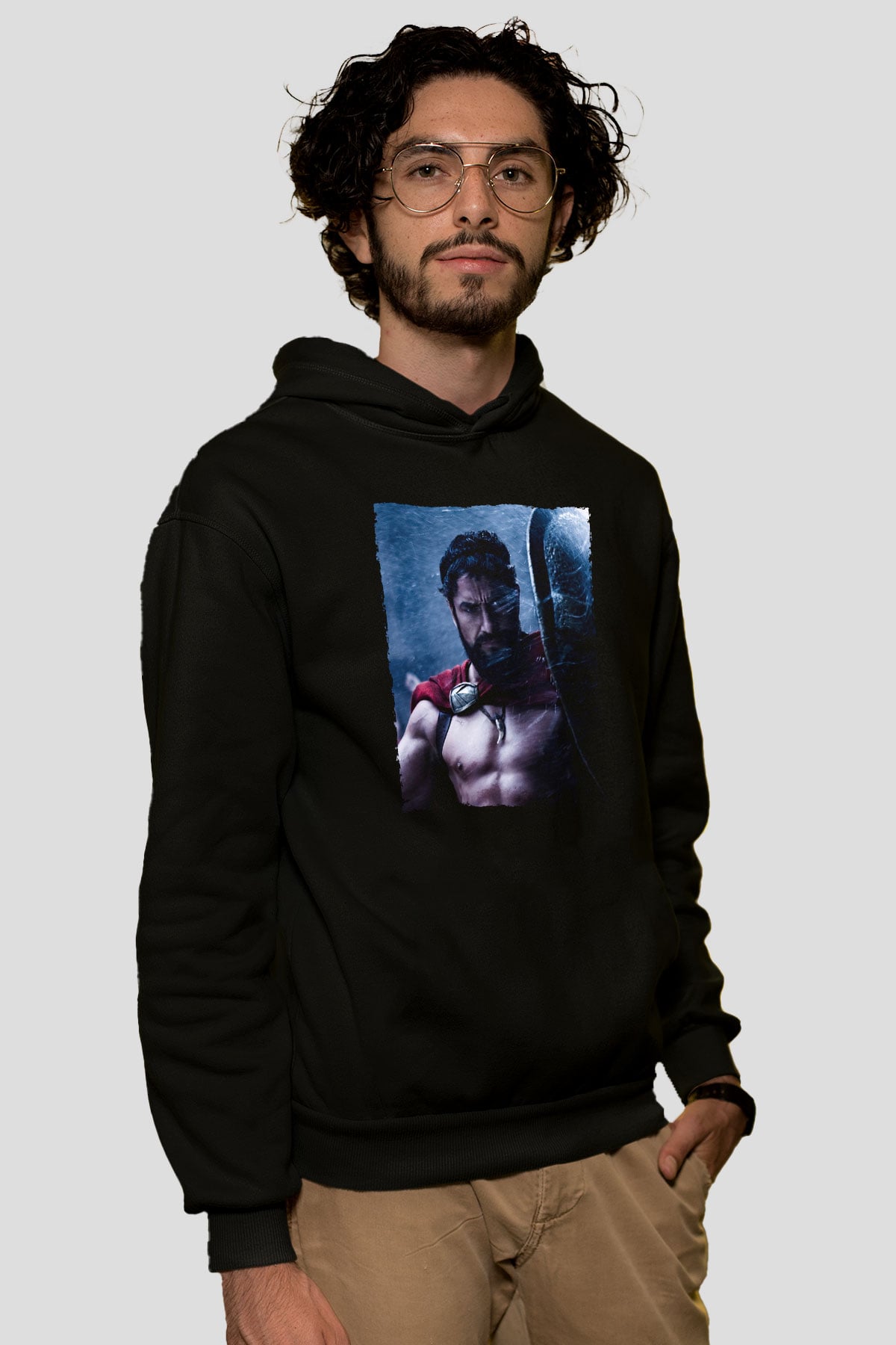 Unisex Gerard Butler 300 Spartalı Baskılı Siyah Kapüşonlu Sweatshirt