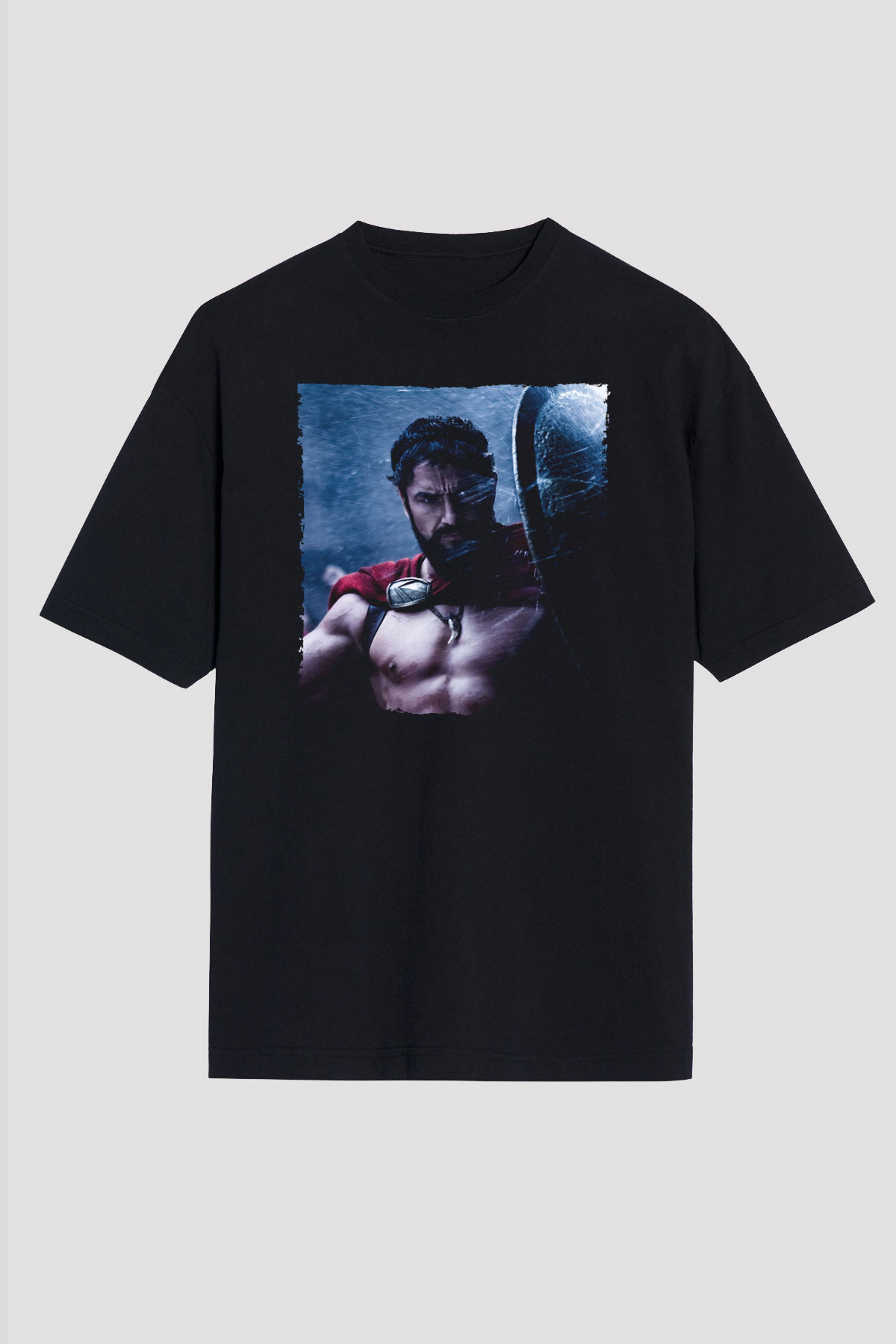 Unisex Gerard Butler 300 Spartalı Baskılı Siyah Oversize T-shirt
