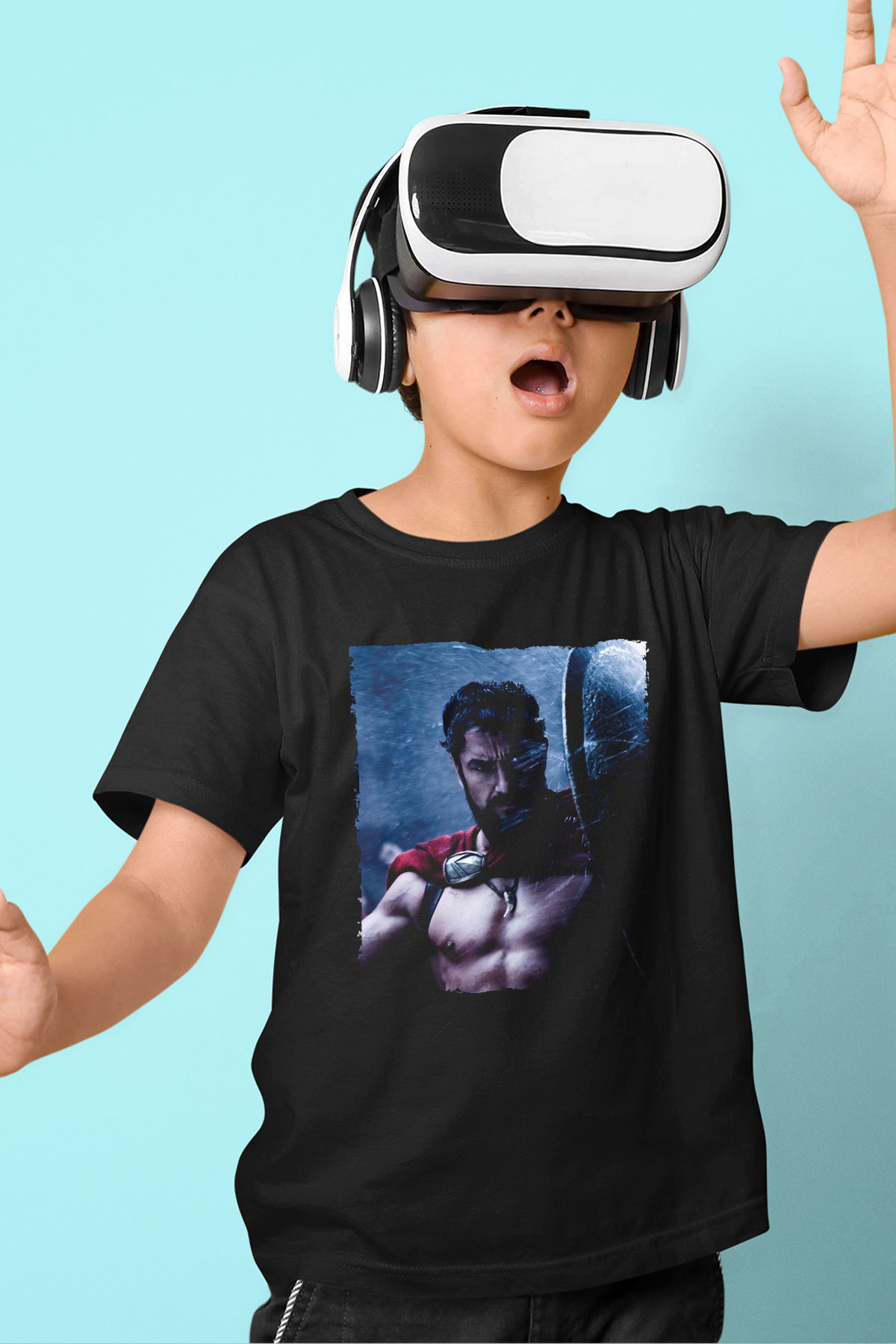 Unisex Gerard Butler 300 Spartalı Baskılı Siyah Çocuk T-shirt