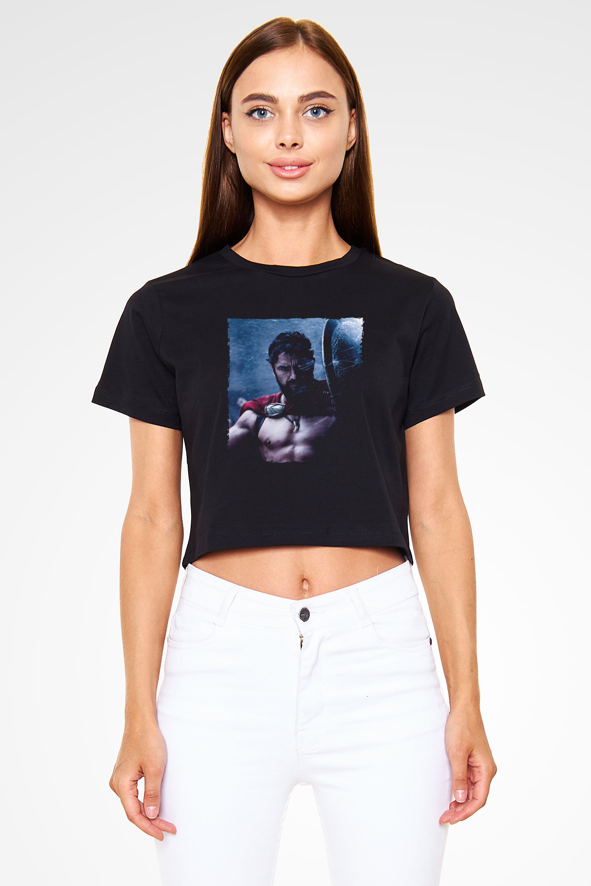 Unisex Gerard Butler 300 Spartalı Baskılı Siyah Crop Top T-shirt