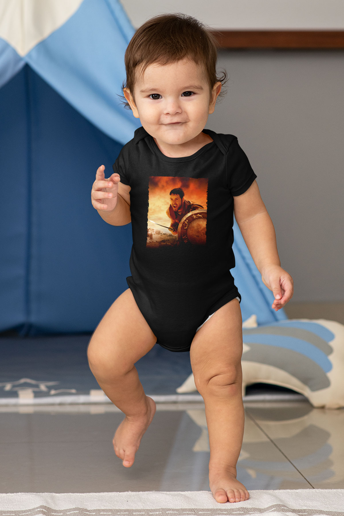 Unisex Gladyatör Baskılı Siyah Bebek Body - Zıbın