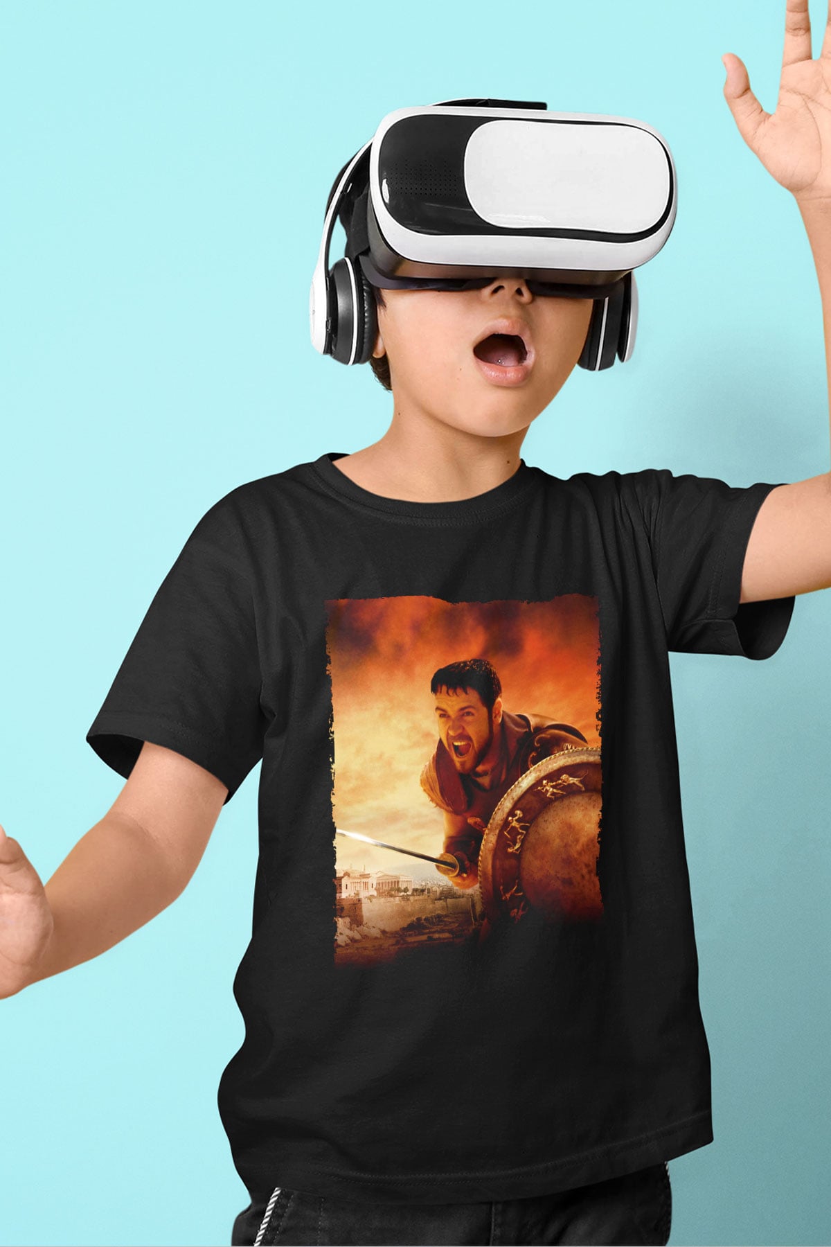Unisex Gladyatör Baskılı Siyah Çocuk Tişört