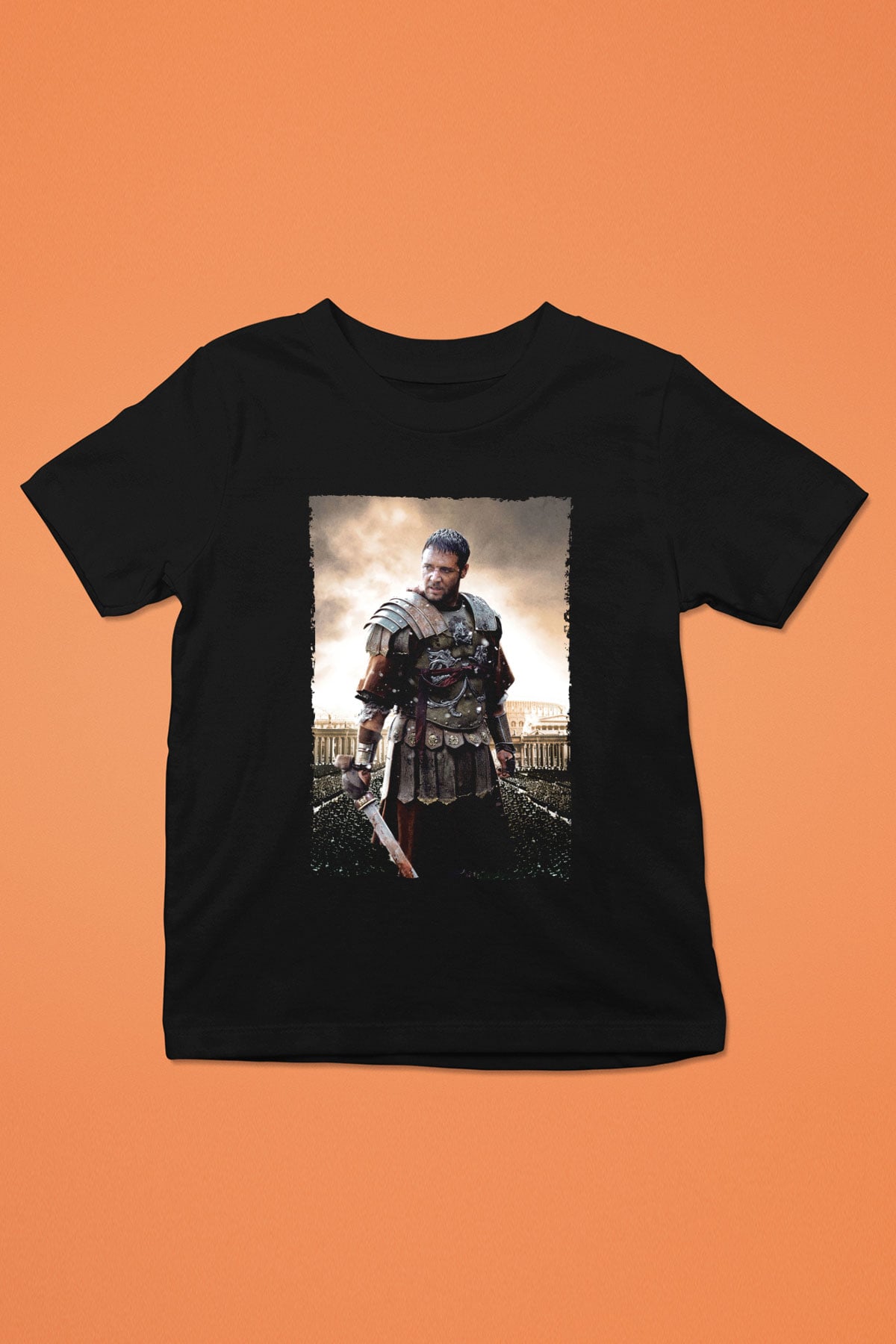 Unisex Gladyatör Baskılı Siyah Çocuk T-shirt