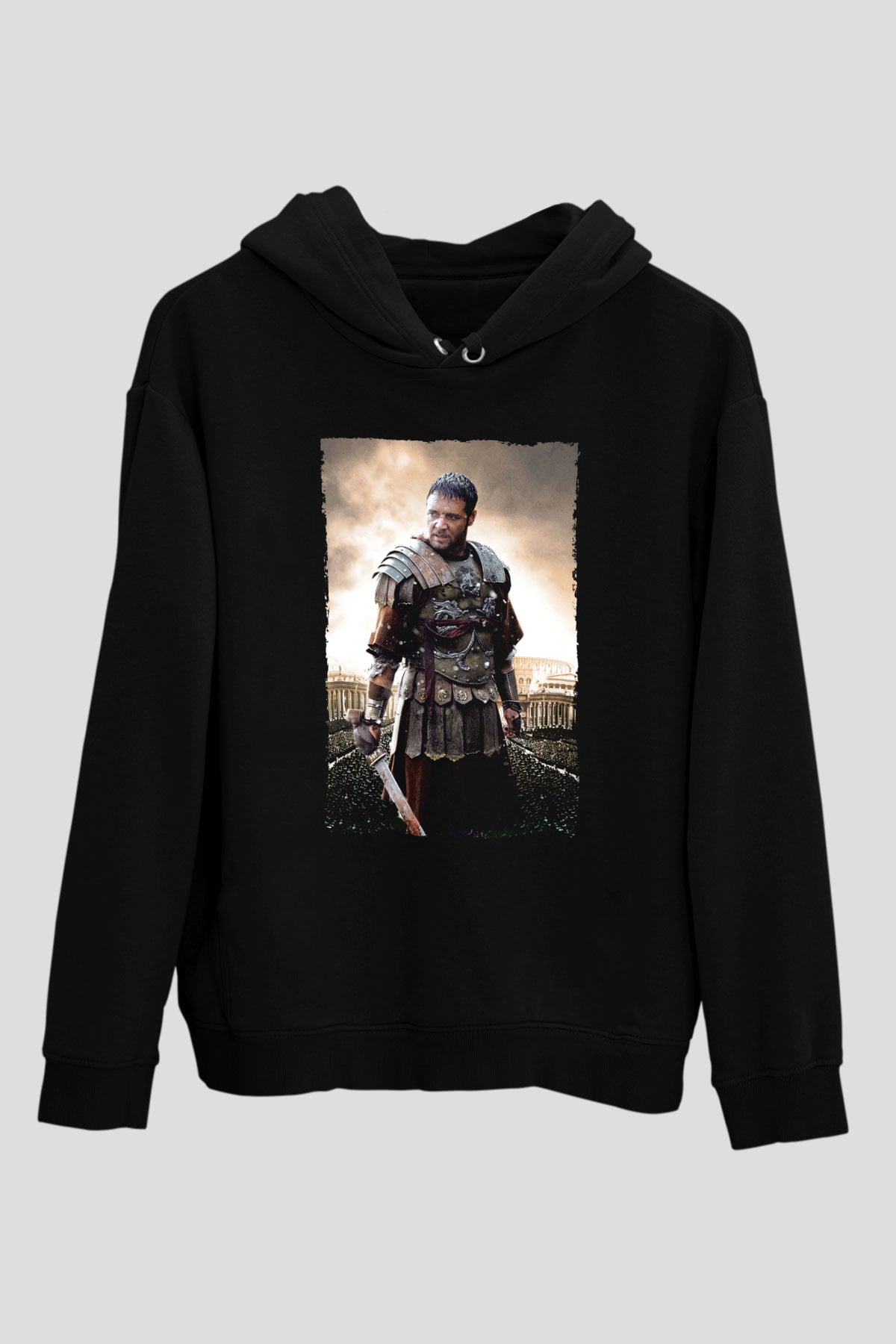 Unisex Gladyatör Baskılı Siyah Kapüşonlu Sweatshirt