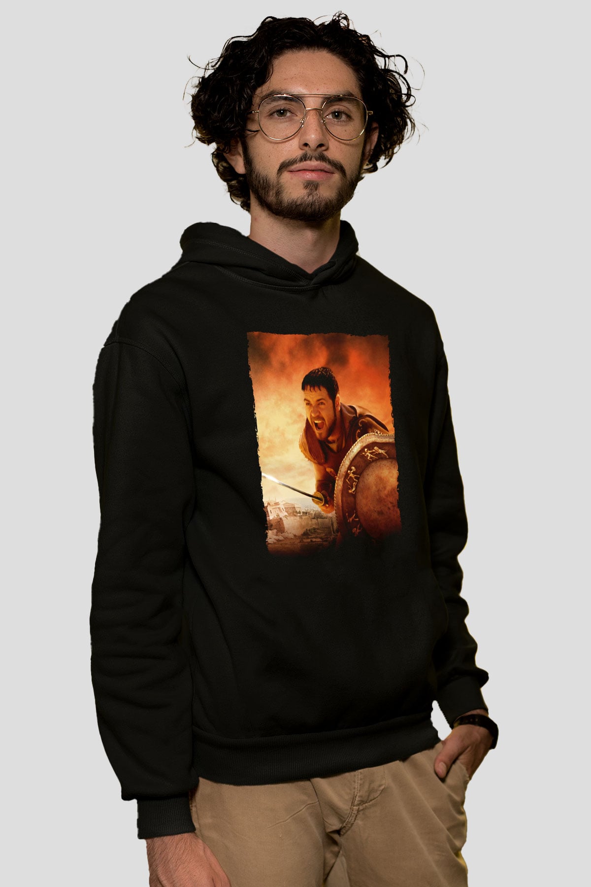 Unisex Gladyatör Baskılı Siyah Kapüşonlu Sweatshirt
