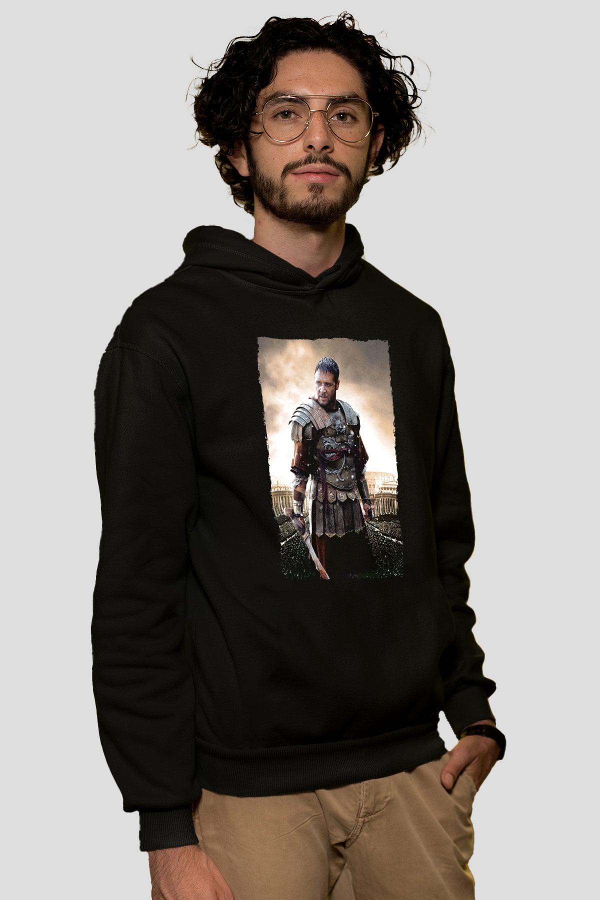 Unisex Gladyatör Baskılı Siyah Kapüşonlu Sweatshirt