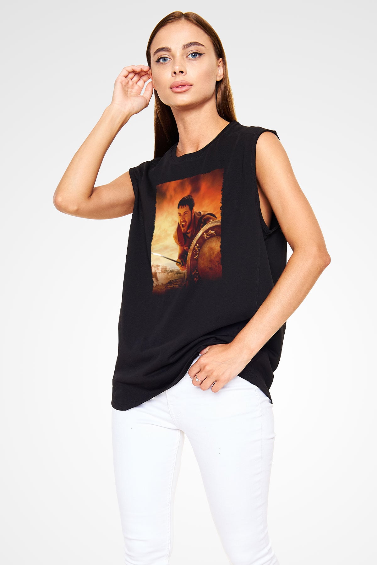 Unisex Gladyatör Baskılı Siyah Kolsuz Tişört