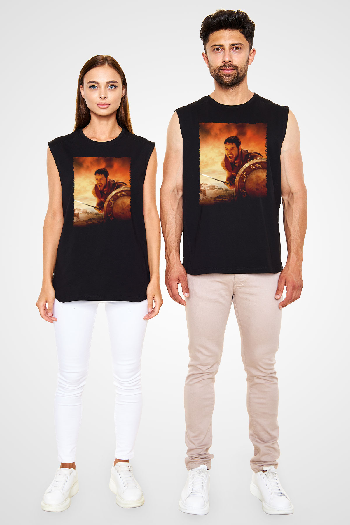 Unisex Gladyatör Baskılı Siyah Kolsuz Tişört