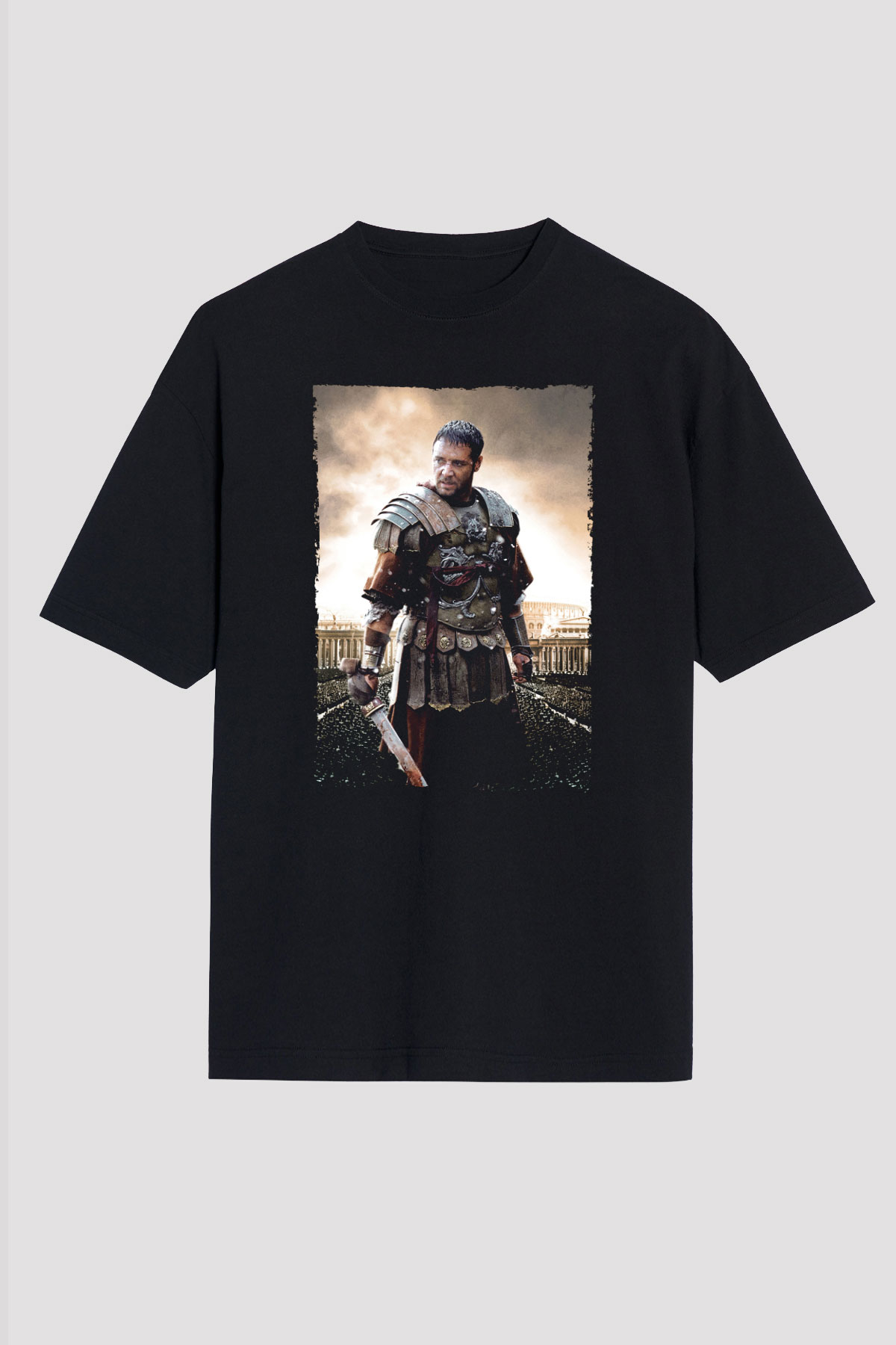 Unisex Gladyatör Baskılı Siyah Oversize T-shirt