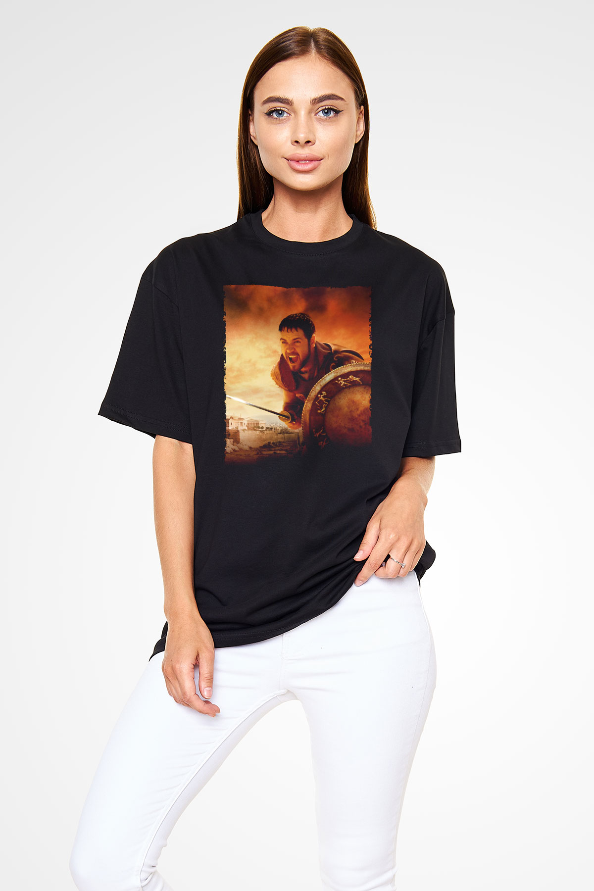 Unisex Gladyatör Baskılı Siyah Oversize Tişört