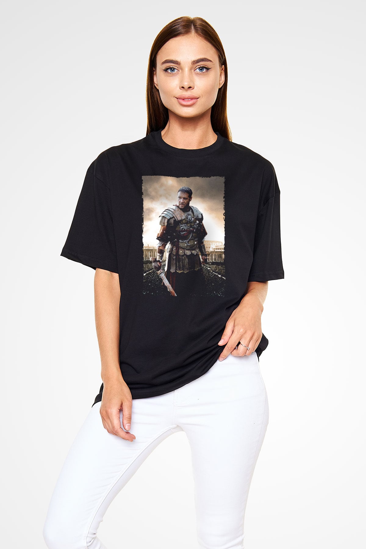 Unisex Gladyatör Baskılı Siyah Oversize T-shirt