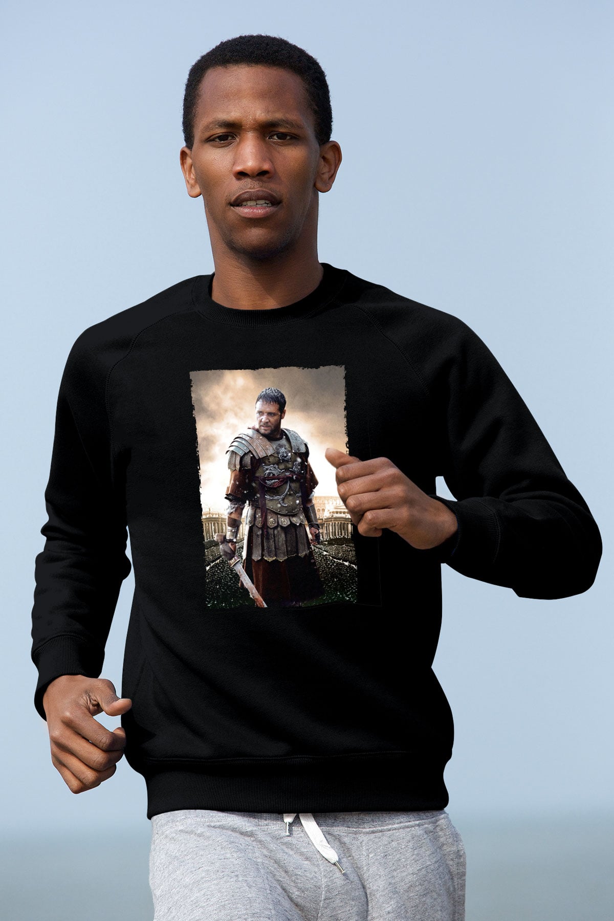 Unisex Gladyatör Baskılı Siyah Sweatshirt