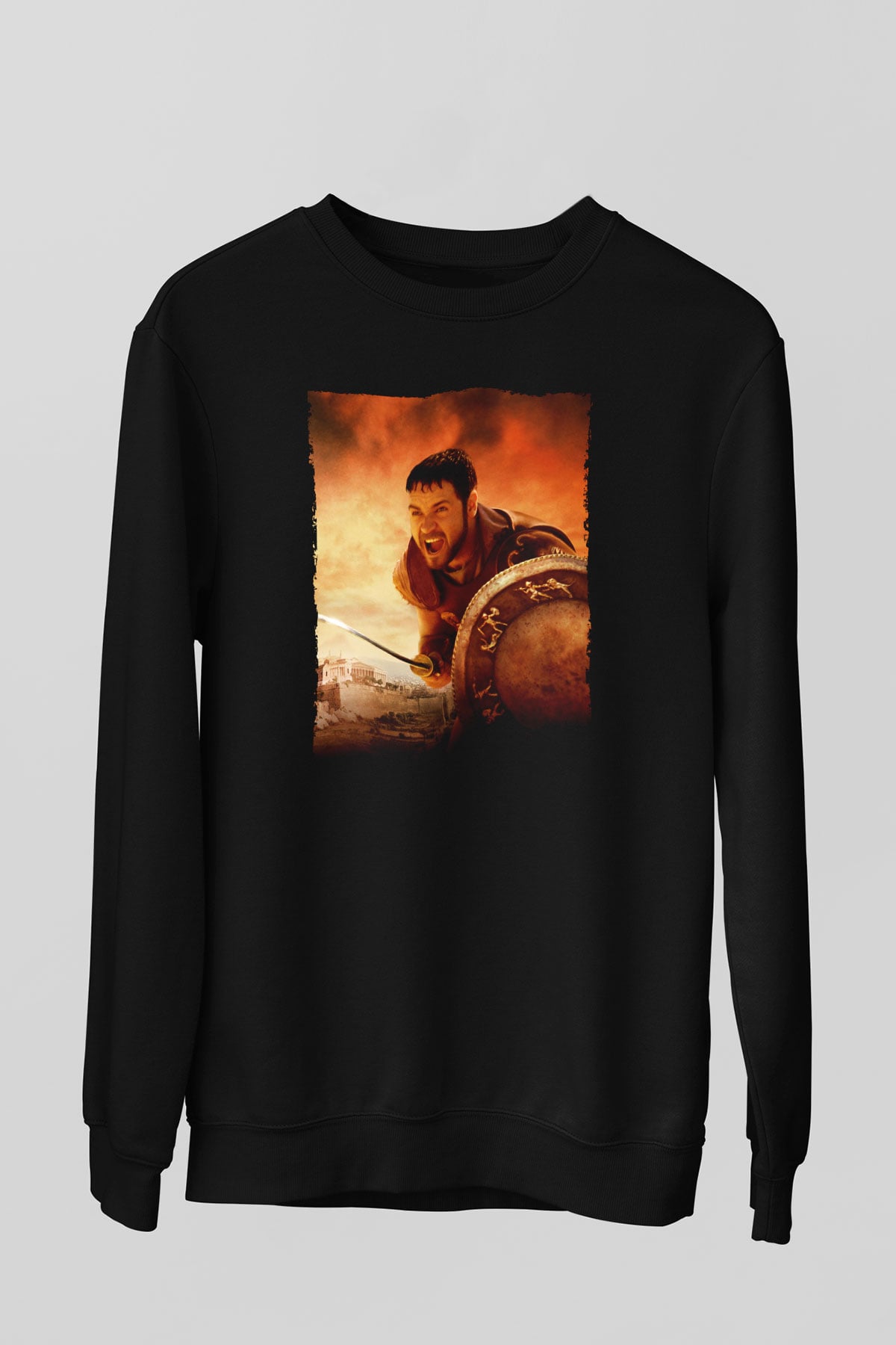 Unisex Gladyatör Baskılı Siyah Sweatshirt
