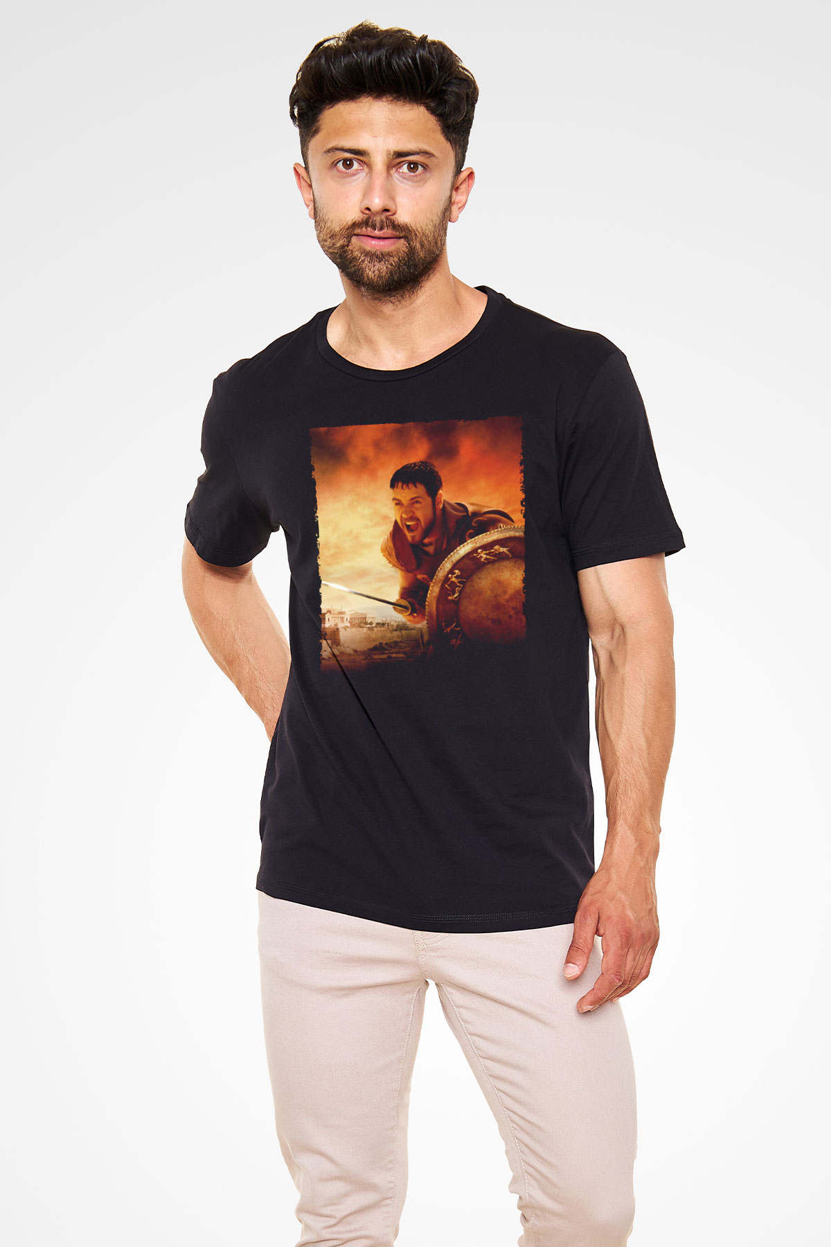 Unisex Gladyatör Baskılı Siyah Tişört