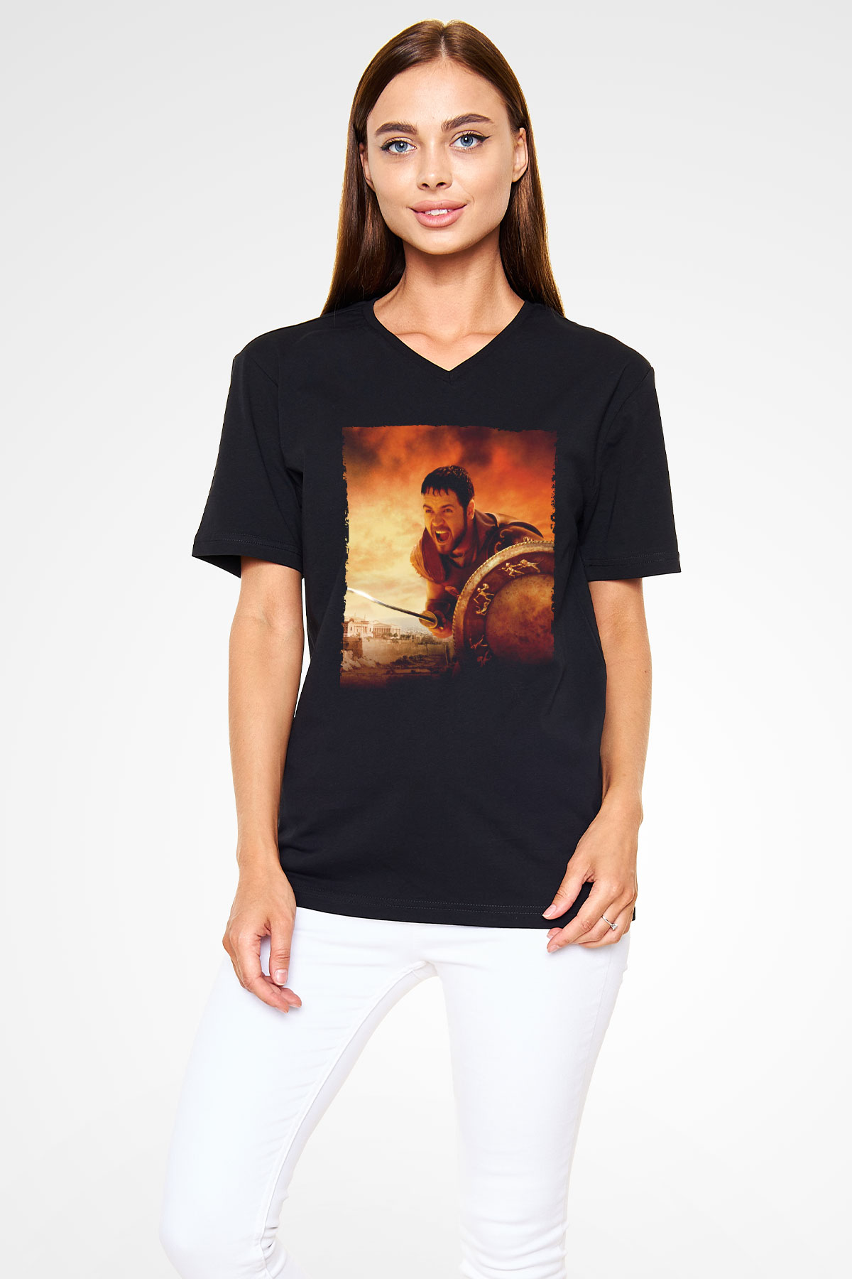 Unisex Gladyatör Baskılı Siyah V Yaka Tişört