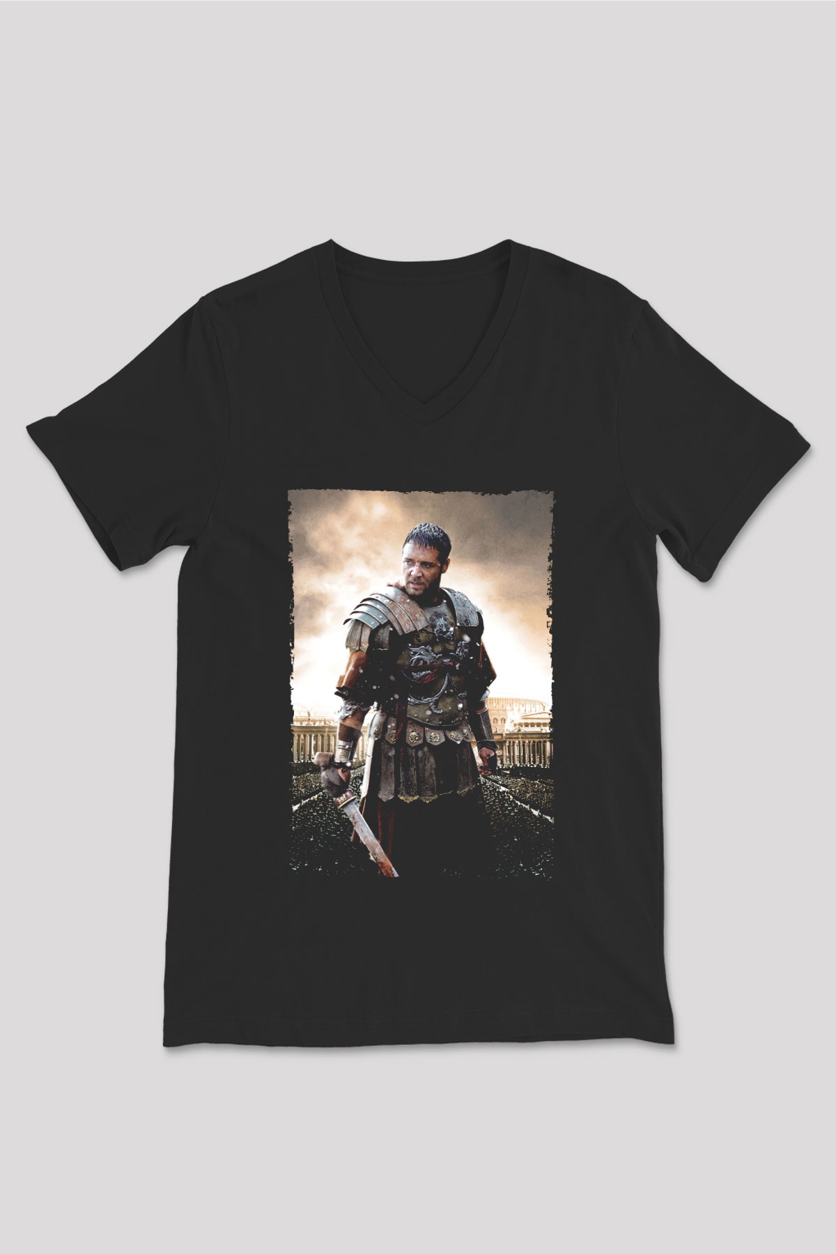 Unisex Gladyatör Baskılı Siyah V Yaka T-shirt