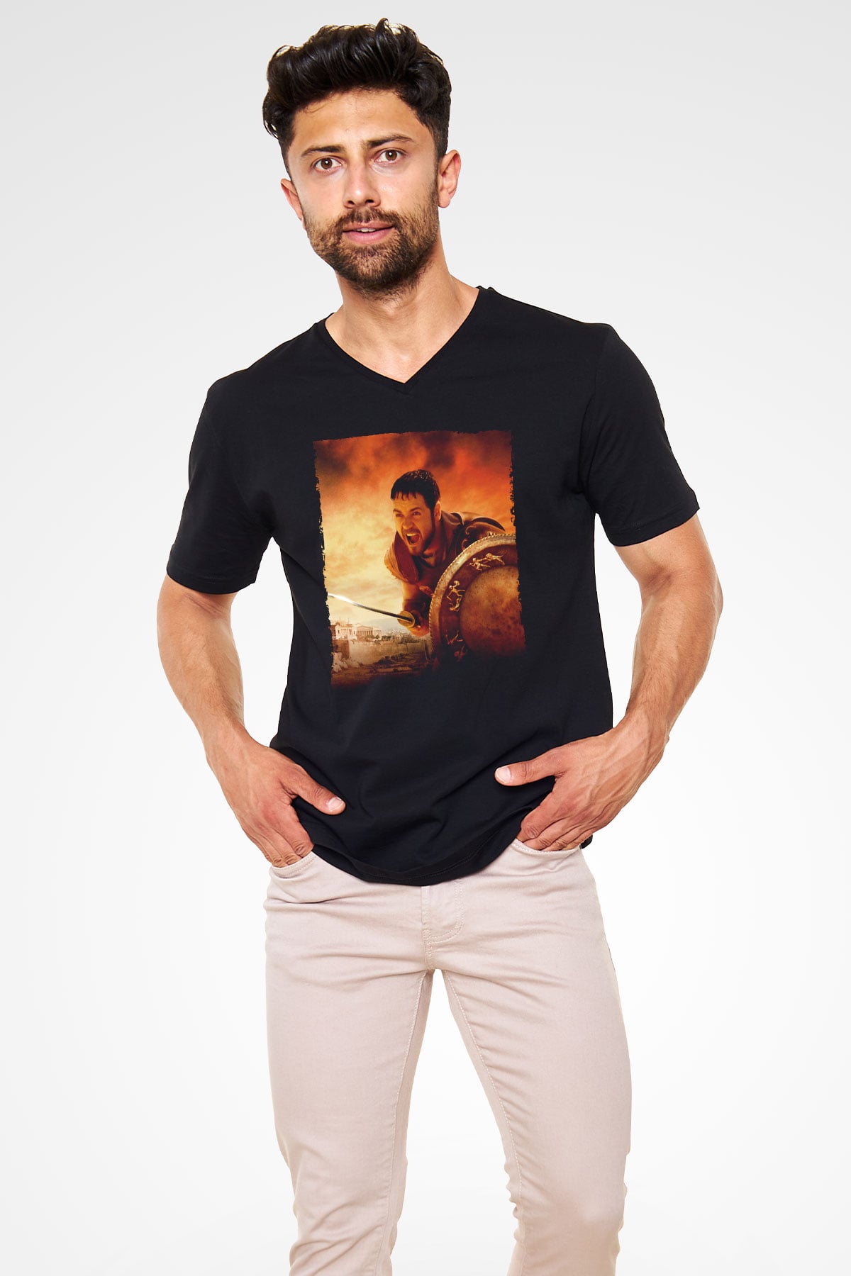 Unisex Gladyatör Baskılı Siyah V Yaka Tişört