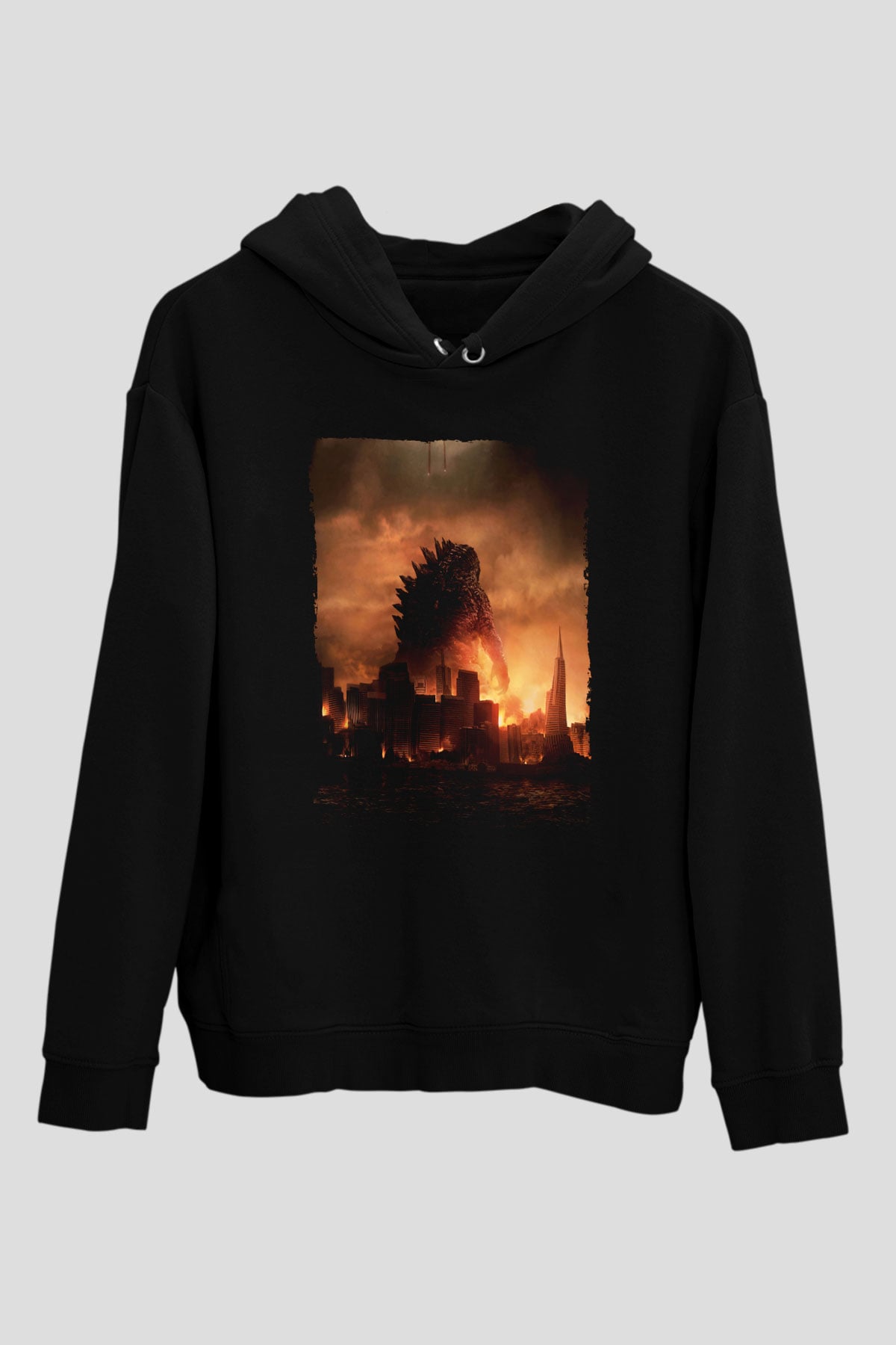 Unisex Godzilla Baskılı Siyah Kapüşonlu Sweatshirt