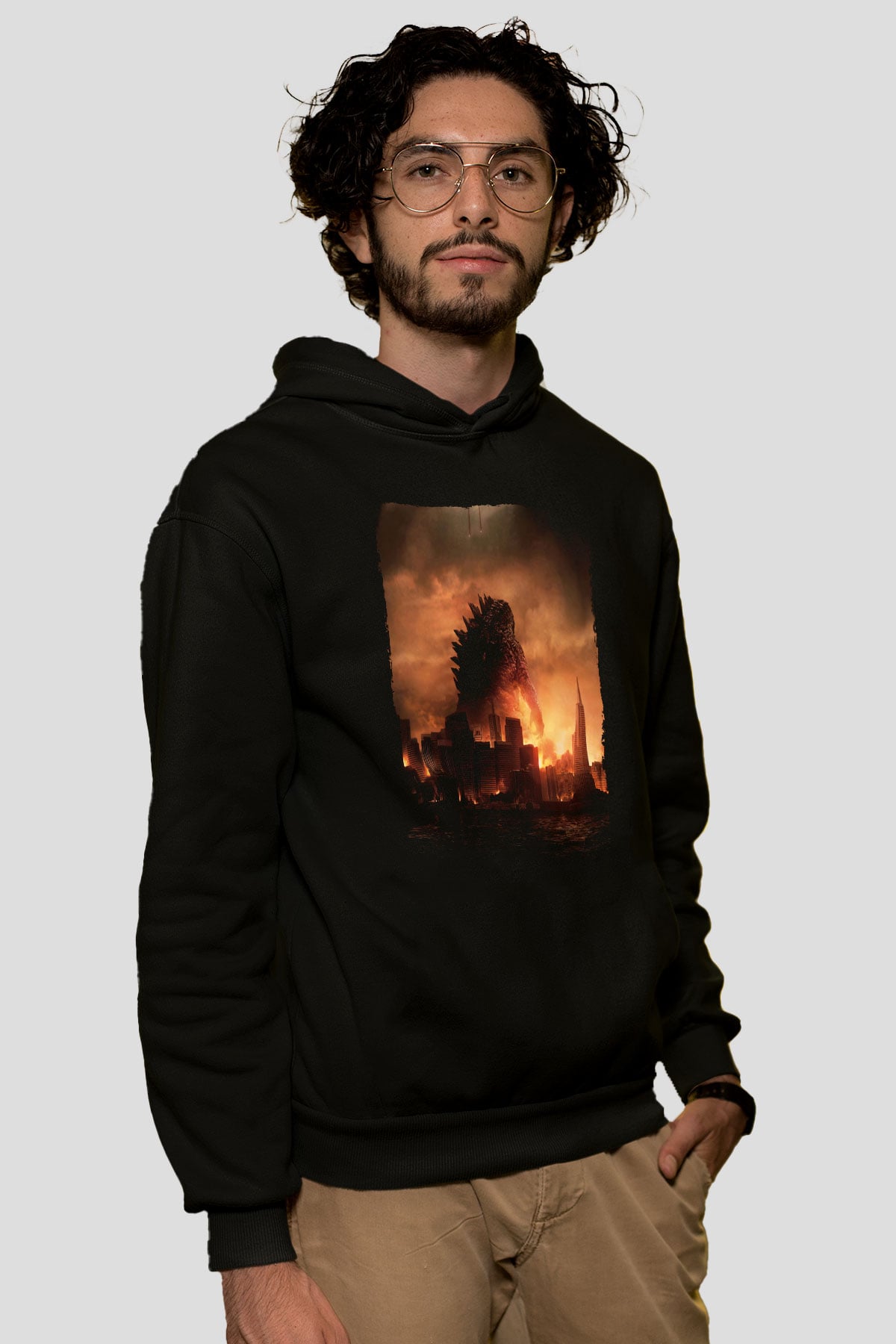 Unisex Godzilla Baskılı Siyah Kapüşonlu Sweatshirt