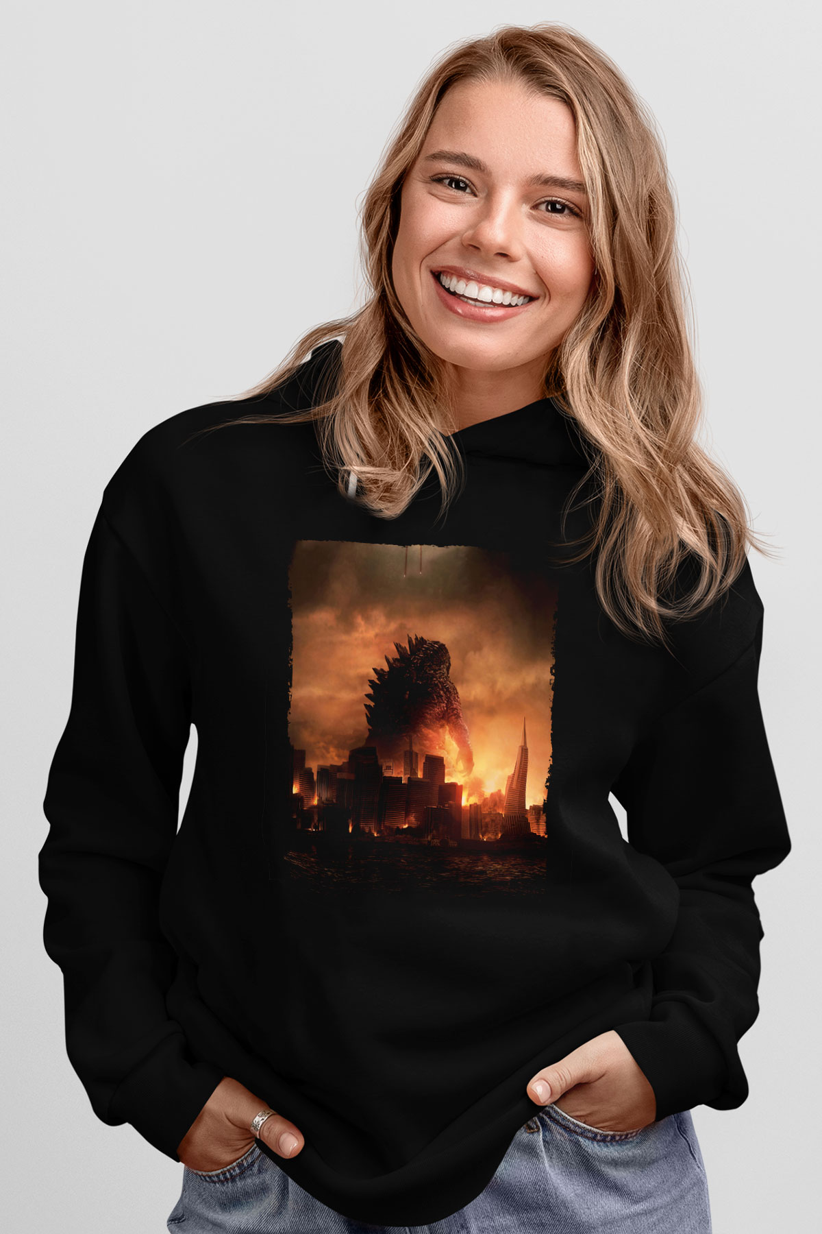 Unisex Godzilla Baskılı Siyah Kapüşonlu Sweatshirt