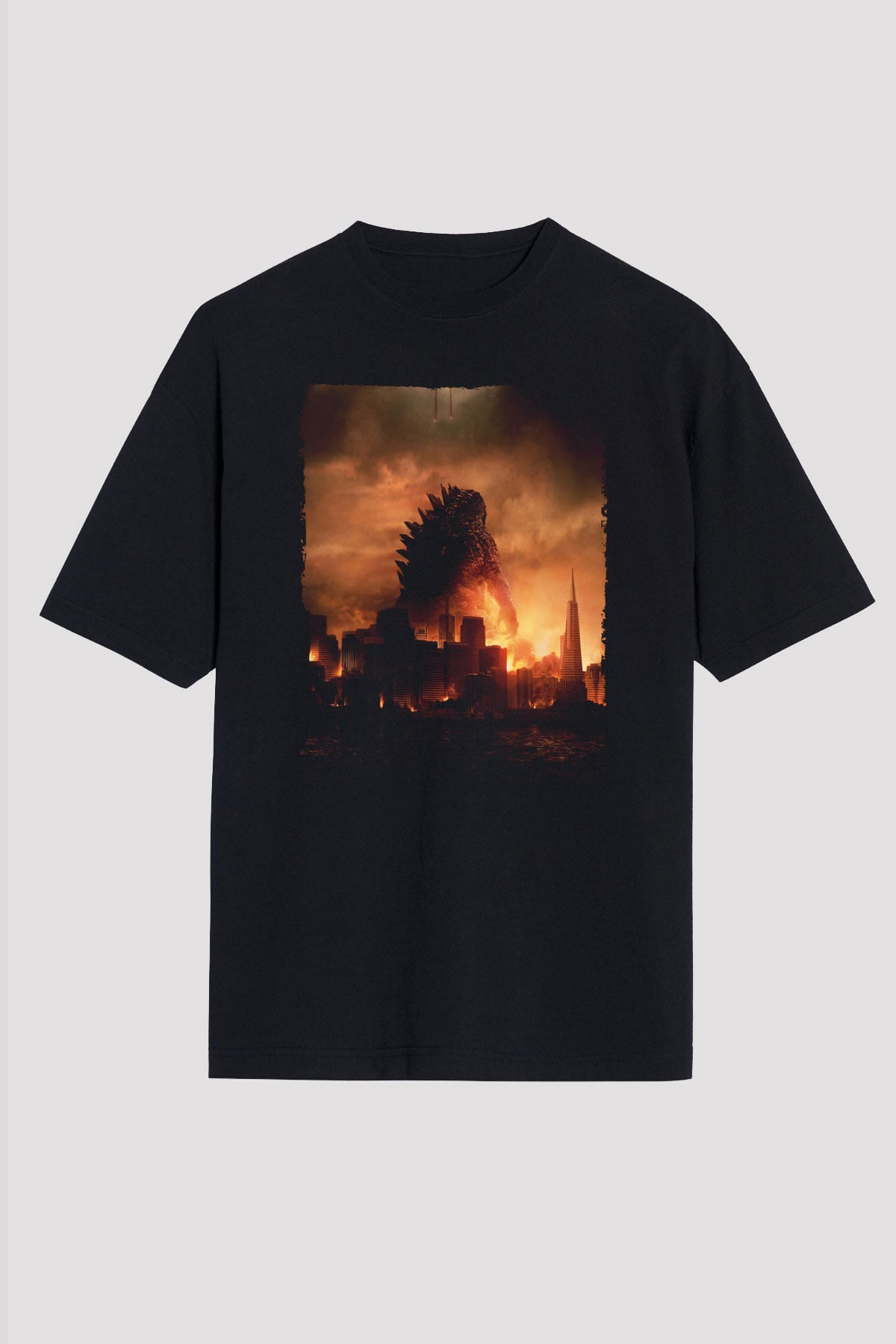 Unisex Godzilla Baskılı Siyah Oversize Tshirt