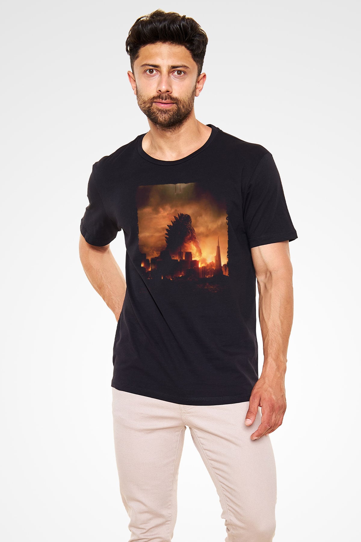 Unisex Godzilla Baskılı Siyah Tshirt