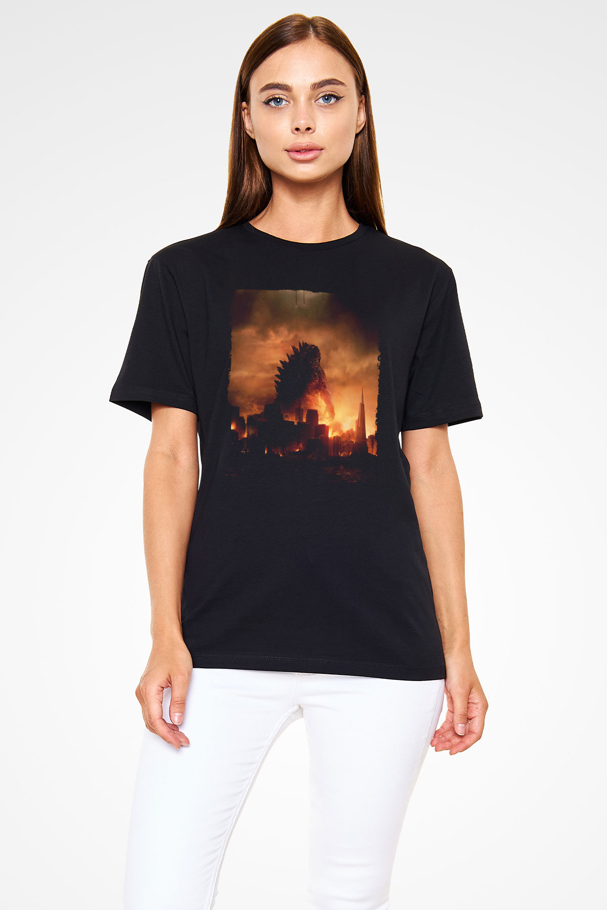 Unisex Godzilla Baskılı Siyah Tshirt