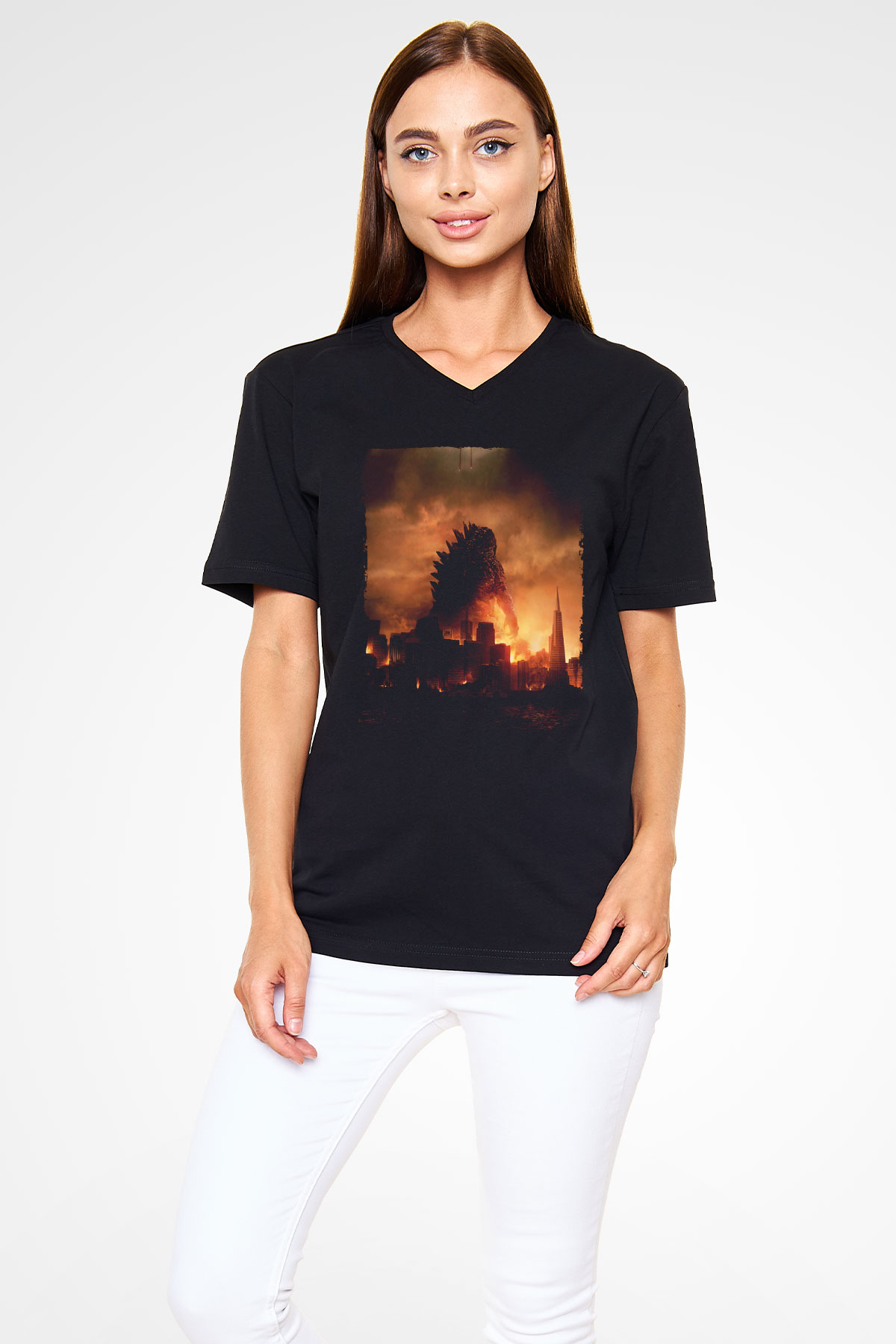 Unisex Godzilla Baskılı Siyah V Yaka Tshirt